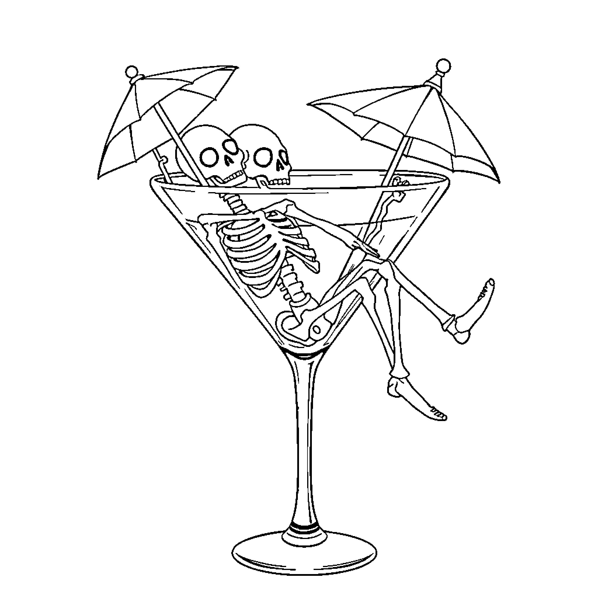 Skeleton relaxing with drinks and umbrellas Coloring Page (free black-and-white line drawing printable PDF for all, from beginners to advanced learners, including children, teens, adults, and seniors)