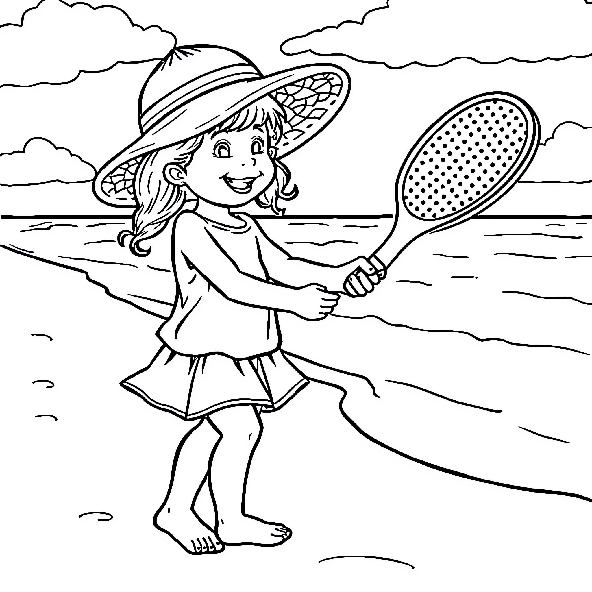 Girl playing with a racket on the beach Coloring Page (free black-and-white line drawing printable PDF for all, from beginners to advanced learners, including children, teens, adults, and seniors)
