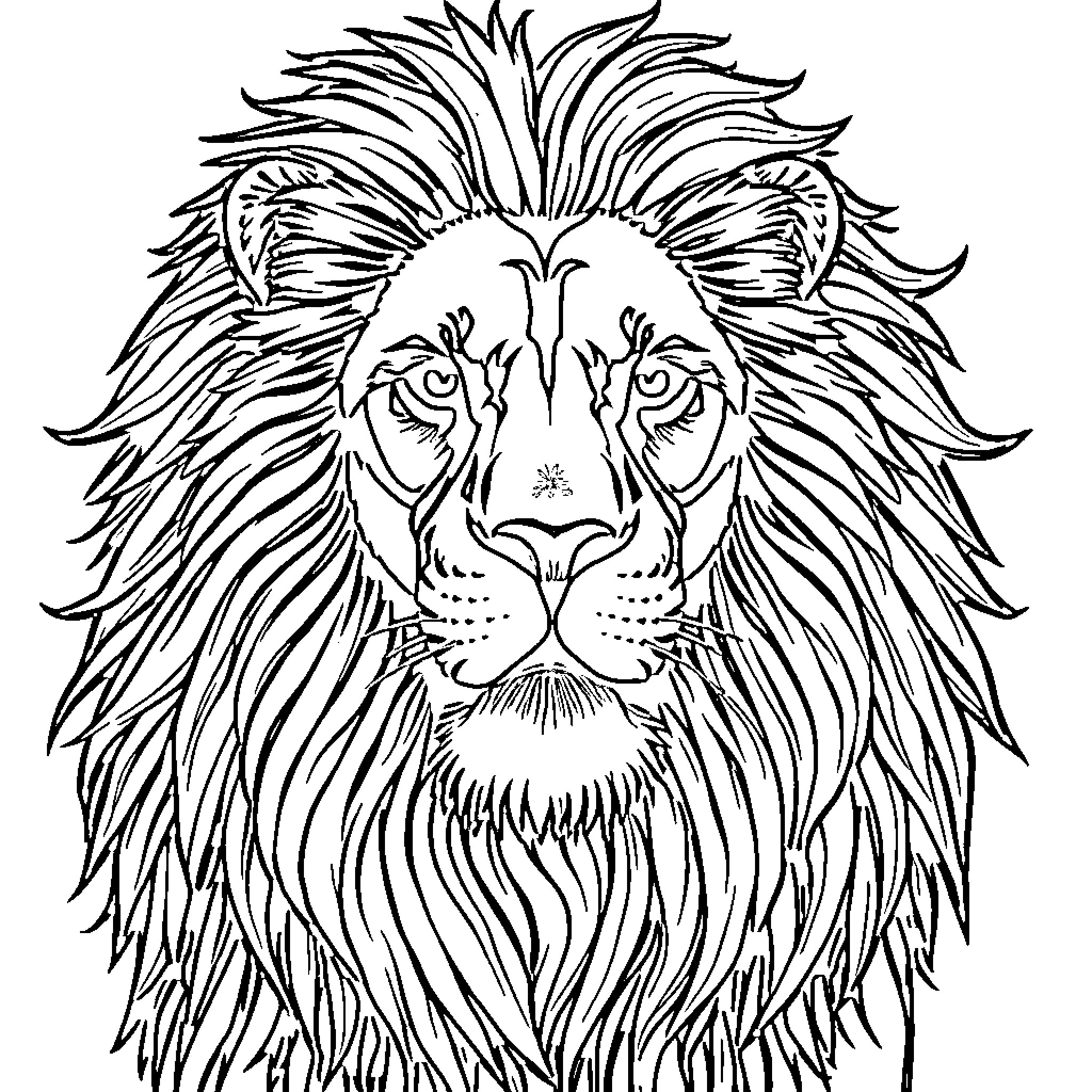 Lion with majestic mane and fierce expression Coloring Page (free black-and-white line drawing printable PDF for all, from beginners to advanced learners, including children, teens, adults, and seniors)