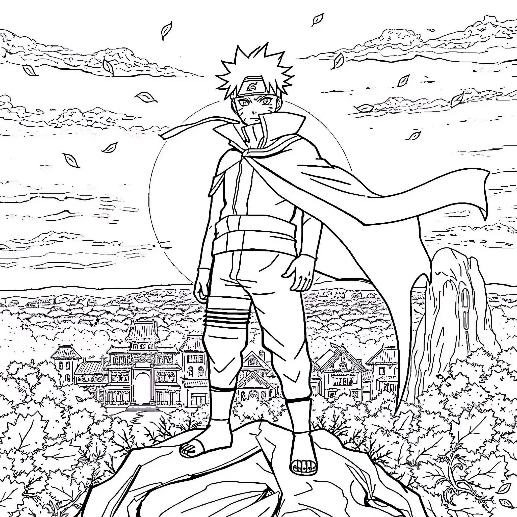 Naruto's Heroic Stance in the Iconic Leaf Village Coloring Page (free black-and-white line drawing printable PDF for all, from beginners to advanced learners, including children, teens, adults, and seniors)
