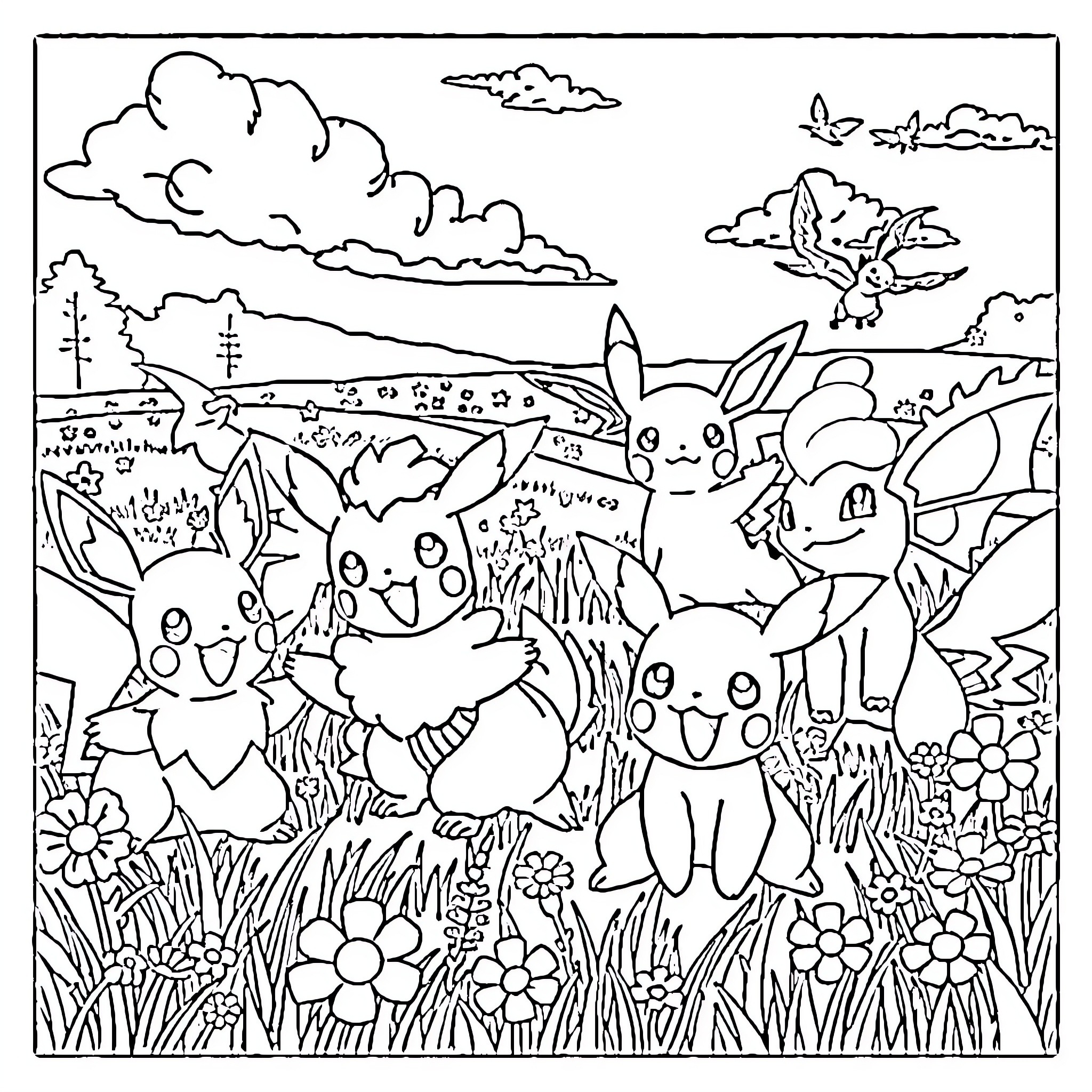 Pokémon friends enjoying the outdoors Coloring Page (free black-and-white line drawing printable PDF for all, from beginners to advanced learners, including children, teens, adults, and seniors)