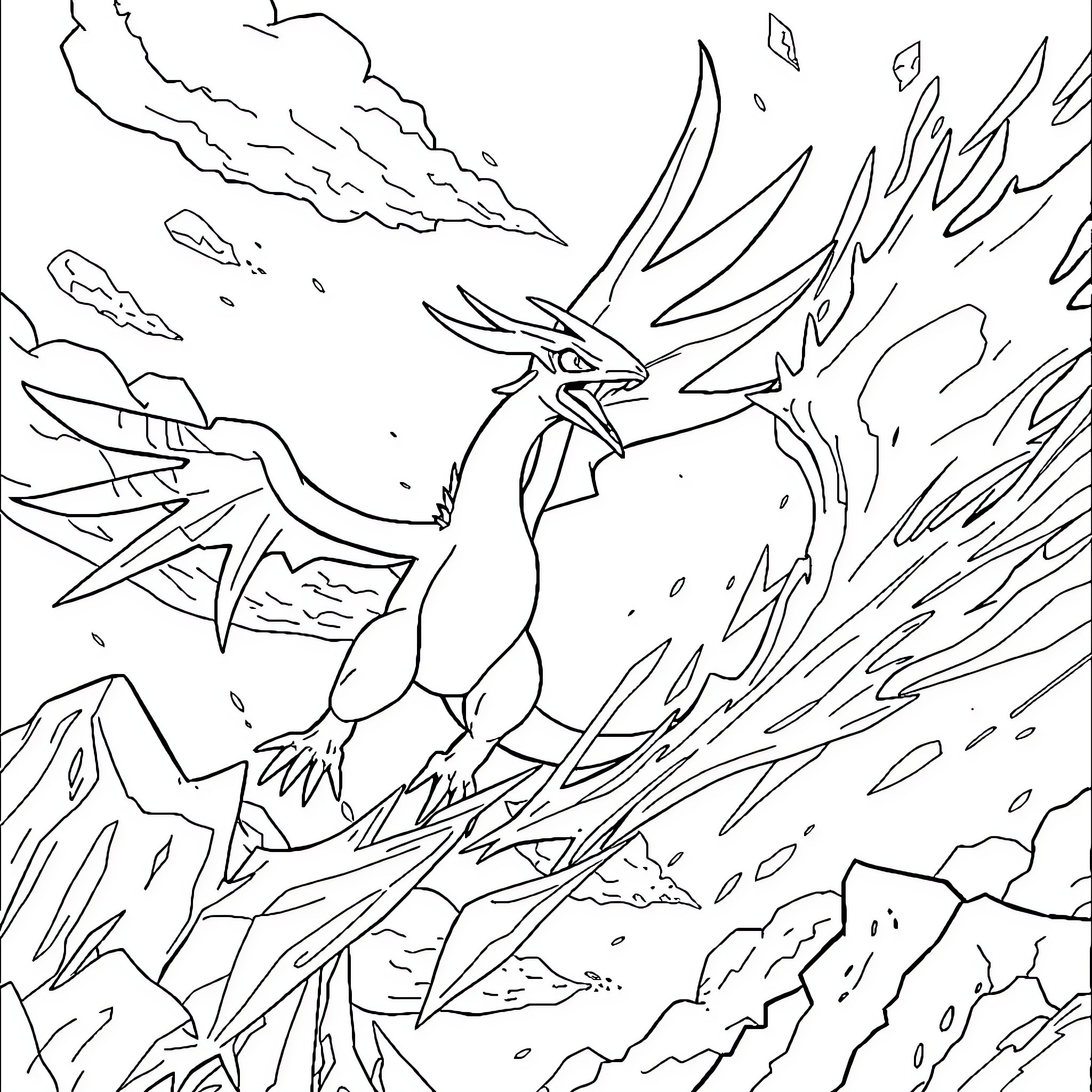 Lugia unleashing its powerful abilities in action Coloring Page (free black-and-white line drawing printable PDF for all, from beginners to advanced learners, including children, teens, adults, and seniors)
