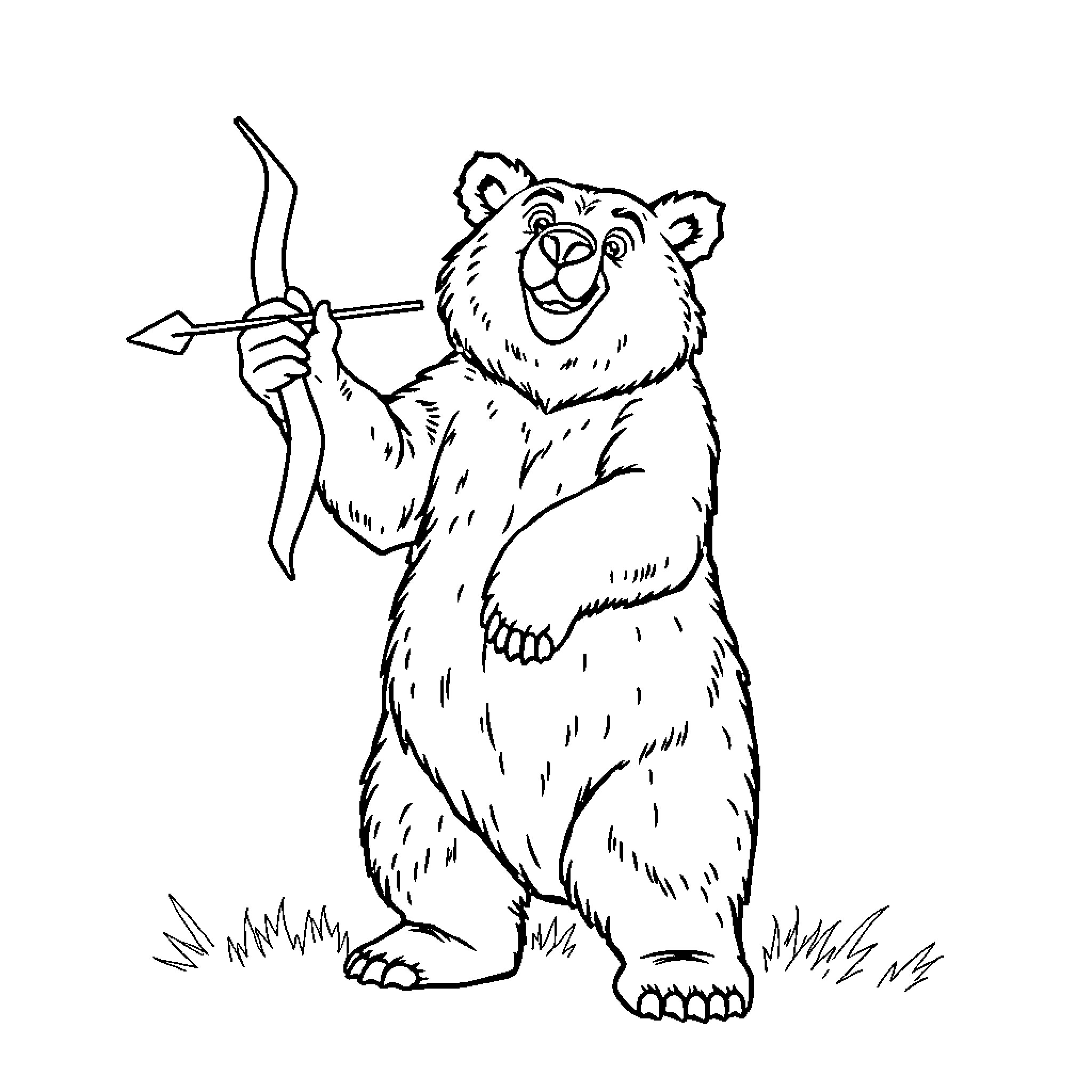 Grizzly Bear Holding Bow and Arrow Coloring Page (free black-and-white line drawing printable PDF for all, from beginners to advanced learners, including children, teens, adults, and seniors)