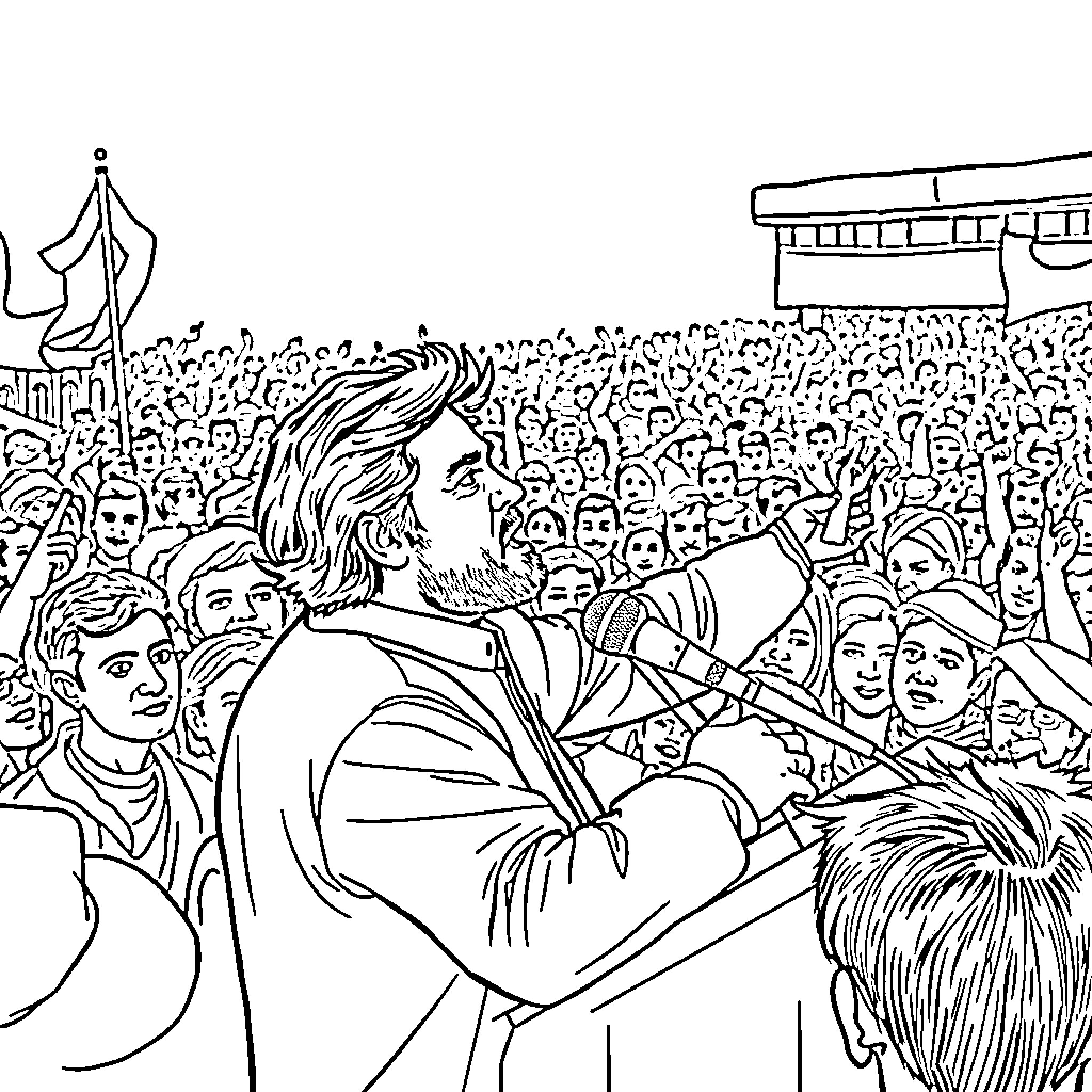 Imran Khan addressing the crowd at a political rally Coloring Page (free black-and-white line drawing printable PDF for all, from beginners to advanced learners, including children, teens, adults, and seniors)