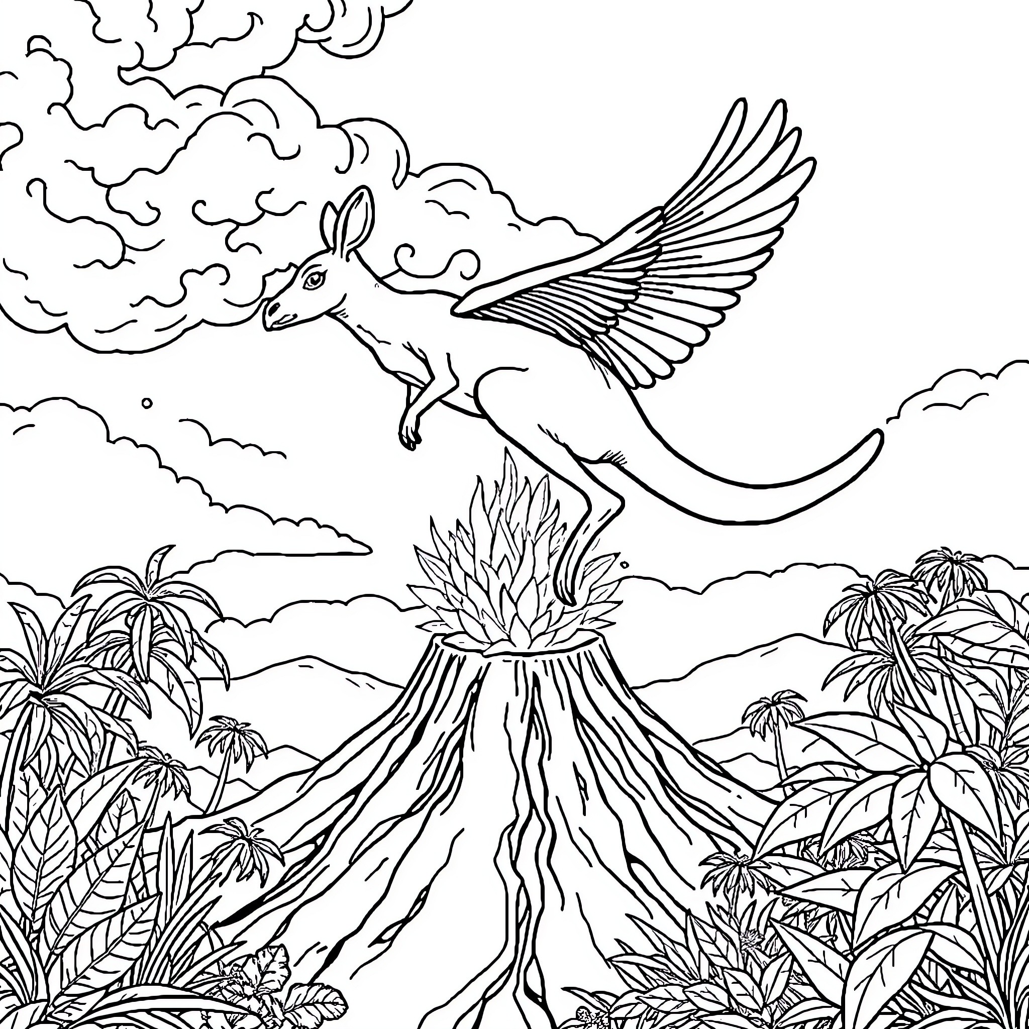 Kangaroo soaring over a volcanic landscape Coloring Page (free black-and-white line drawing printable PDF for all, from beginners to advanced learners, including children, teens, adults, and seniors)