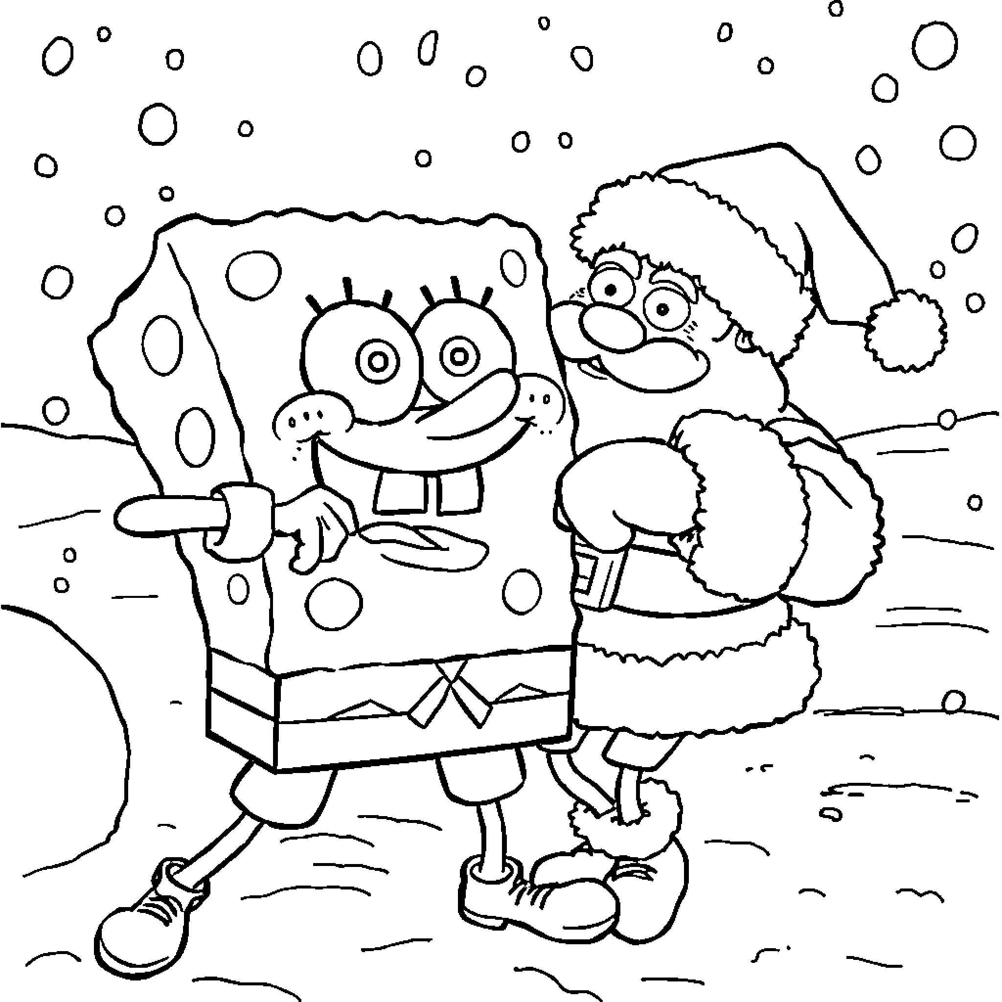 Spongebob and Sandy in winter wonderland Coloring Page (free black-and-white line drawing printable PDF for all, from beginners to advanced learners, including children, teens, adults, and seniors)