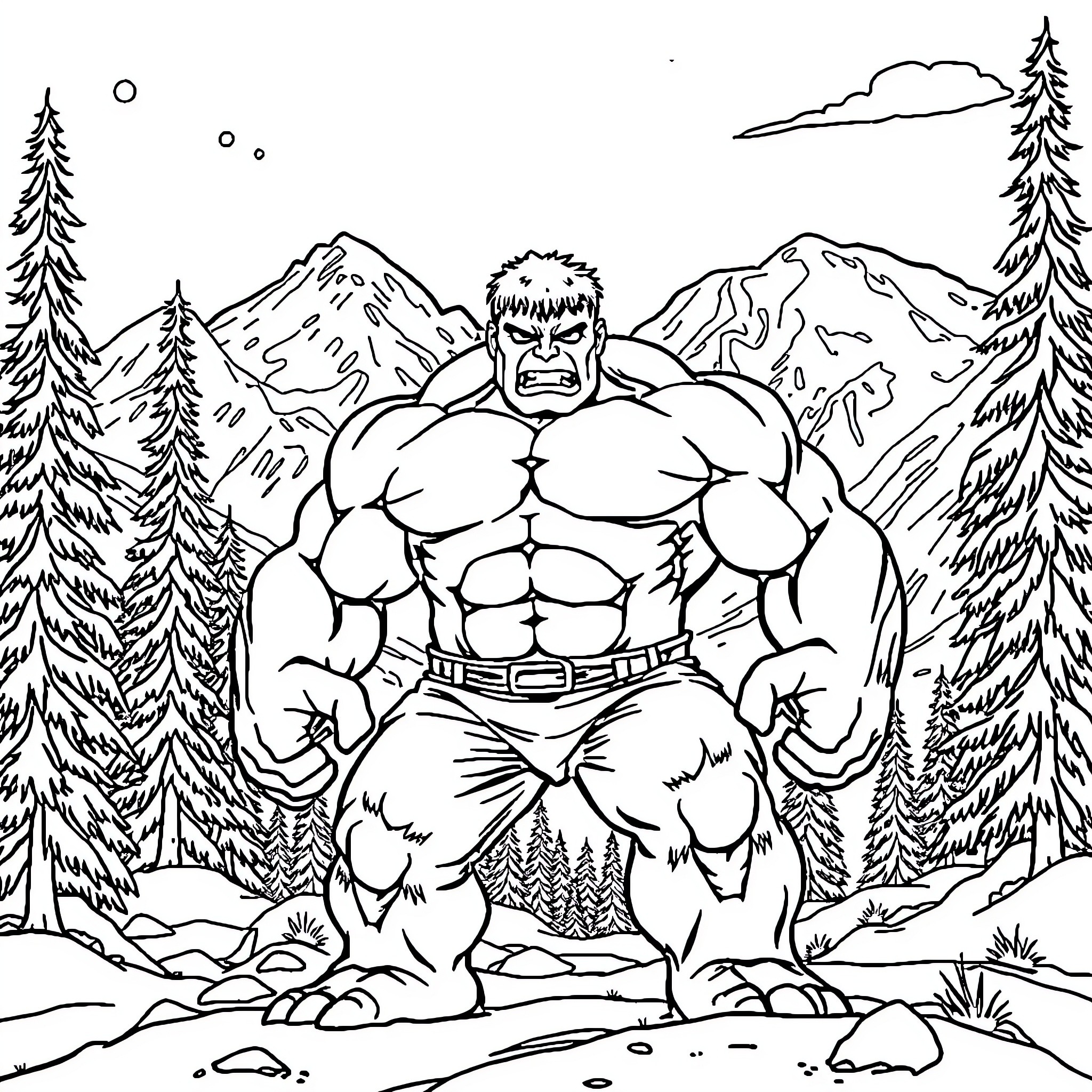 Hulk roaring with power in the wilderness Coloring Page (free black-and-white line drawing printable PDF for all, from beginners to advanced learners, including children, teens, adults, and seniors)