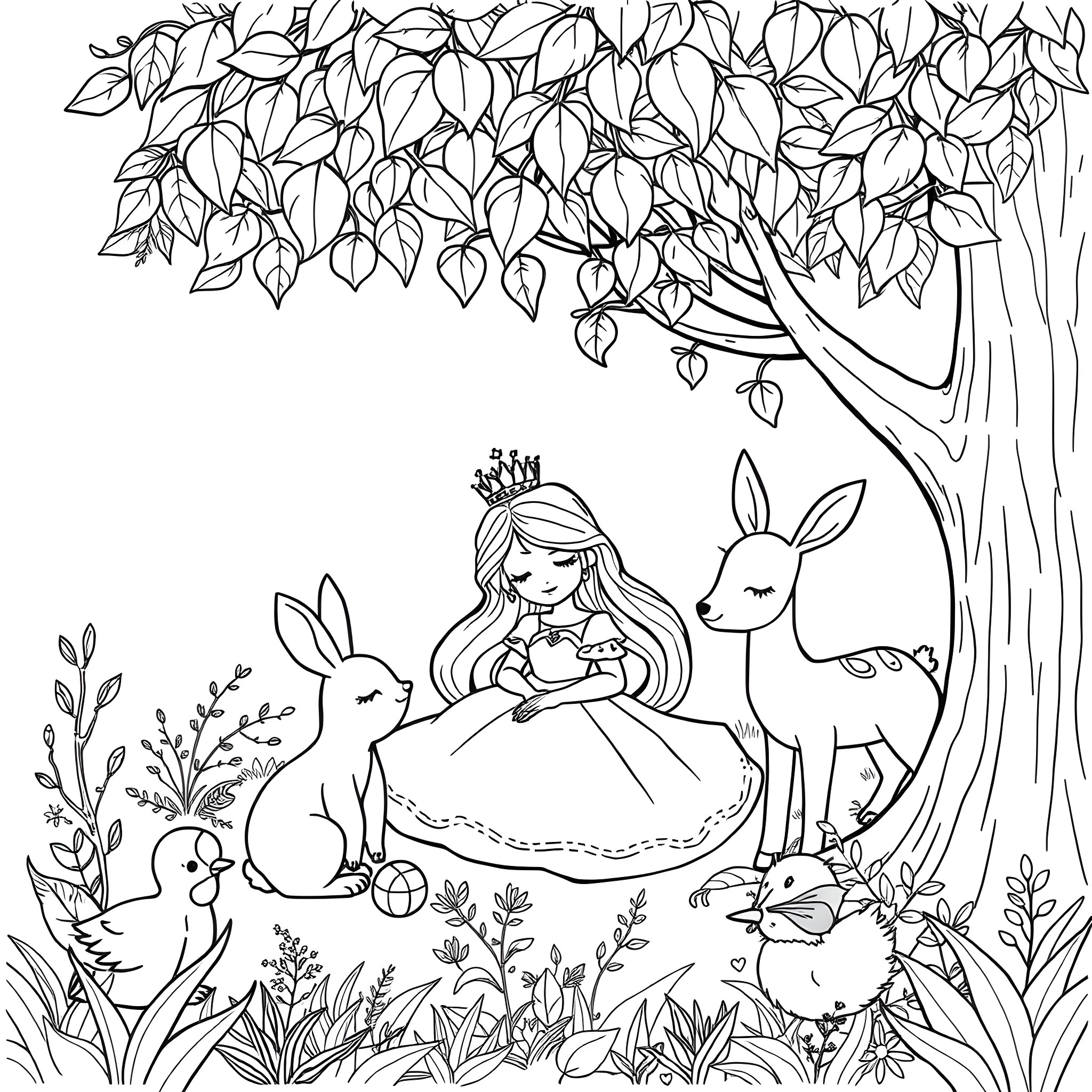 Animal princess and woodland creatures in the garden Coloring Page (free black-and-white line drawing printable PDF for all, from beginners to advanced learners, including children, teens, adults, and seniors)