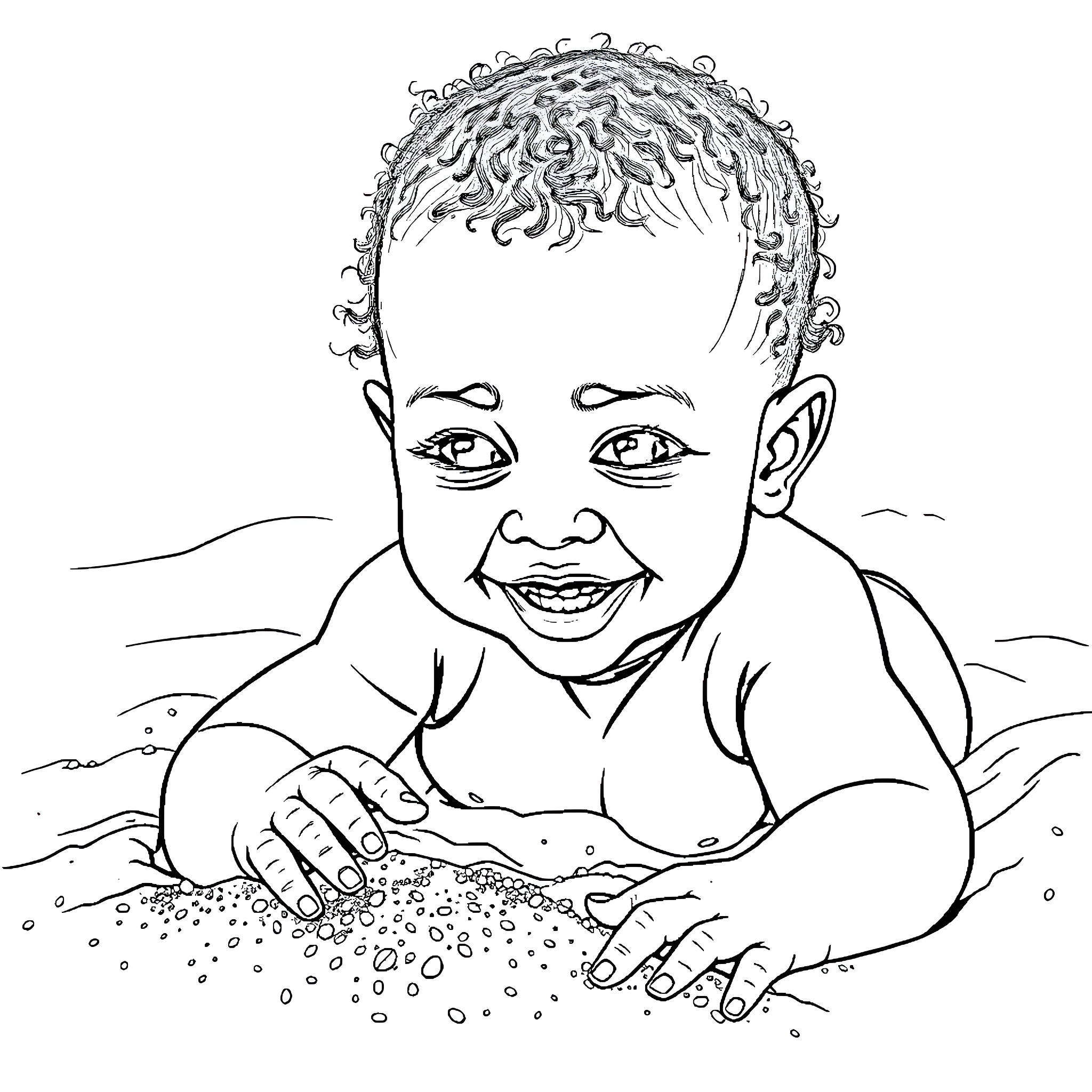 Baby playing joyfully in the sand Coloring Page (free black-and-white line drawing printable PDF for all, from beginners to advanced learners, including children, teens, adults, and seniors)