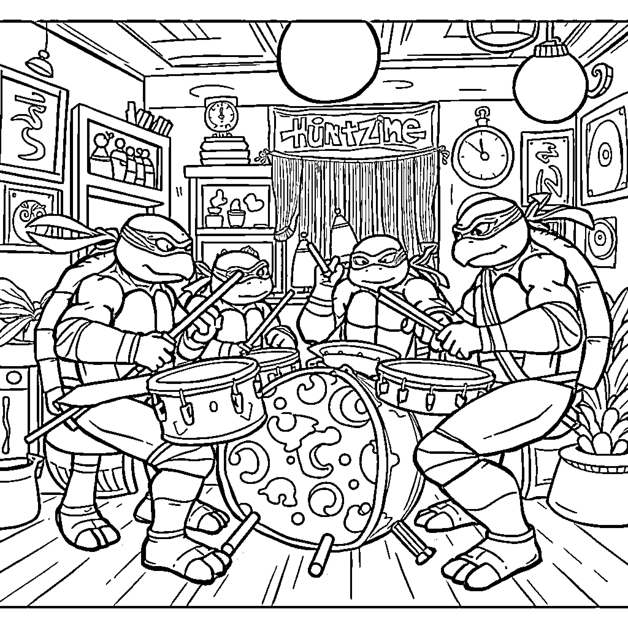 Ninja Turtle Band Performing on Stage Coloring Page (free black-and-white line drawing printable PDF for all, from beginners to advanced learners, including children, teens, adults, and seniors)