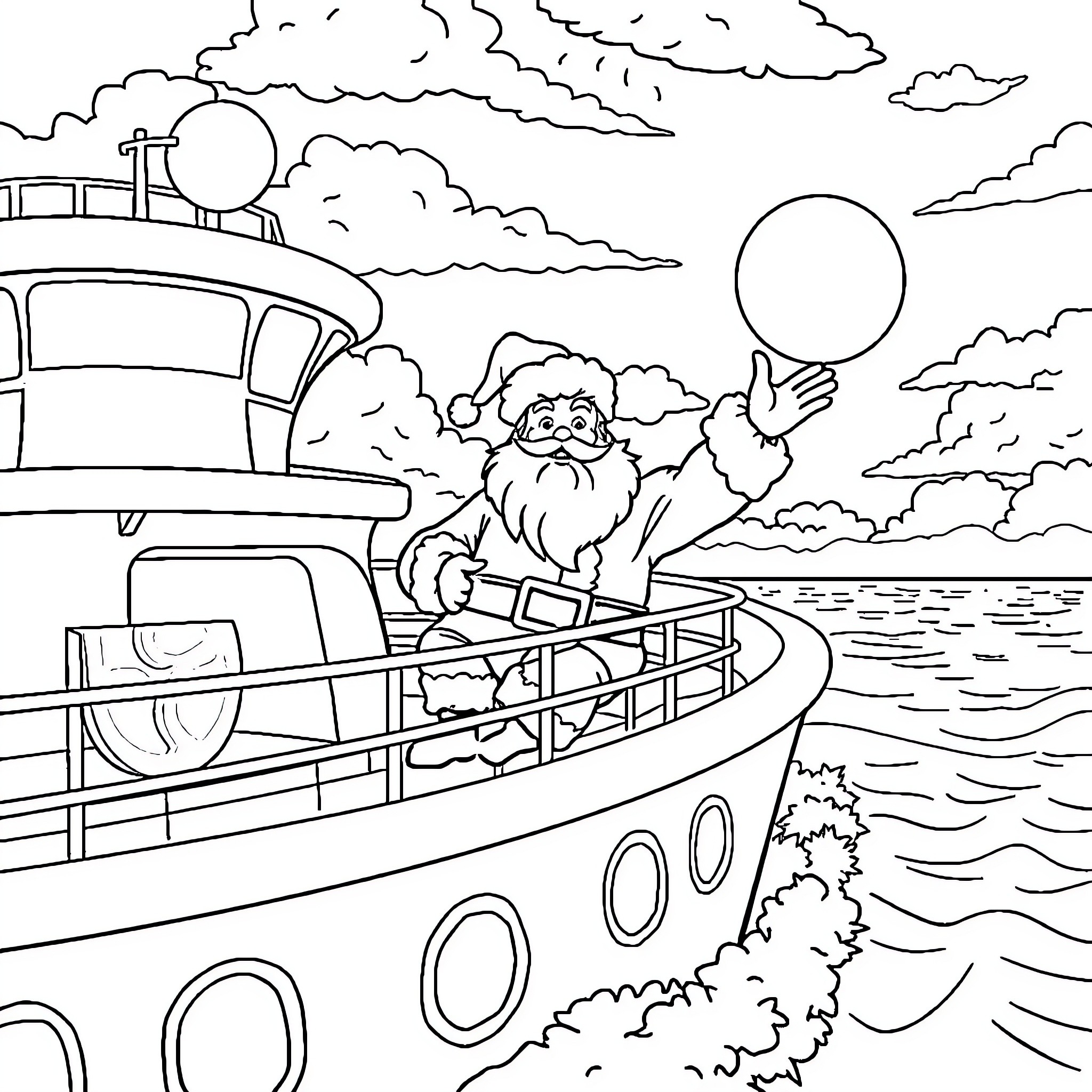 Santa waving from a cruise ship in the ocean Coloring Page (free black-and-white line drawing printable PDF for all, from beginners to advanced learners, including children, teens, adults, and seniors)
