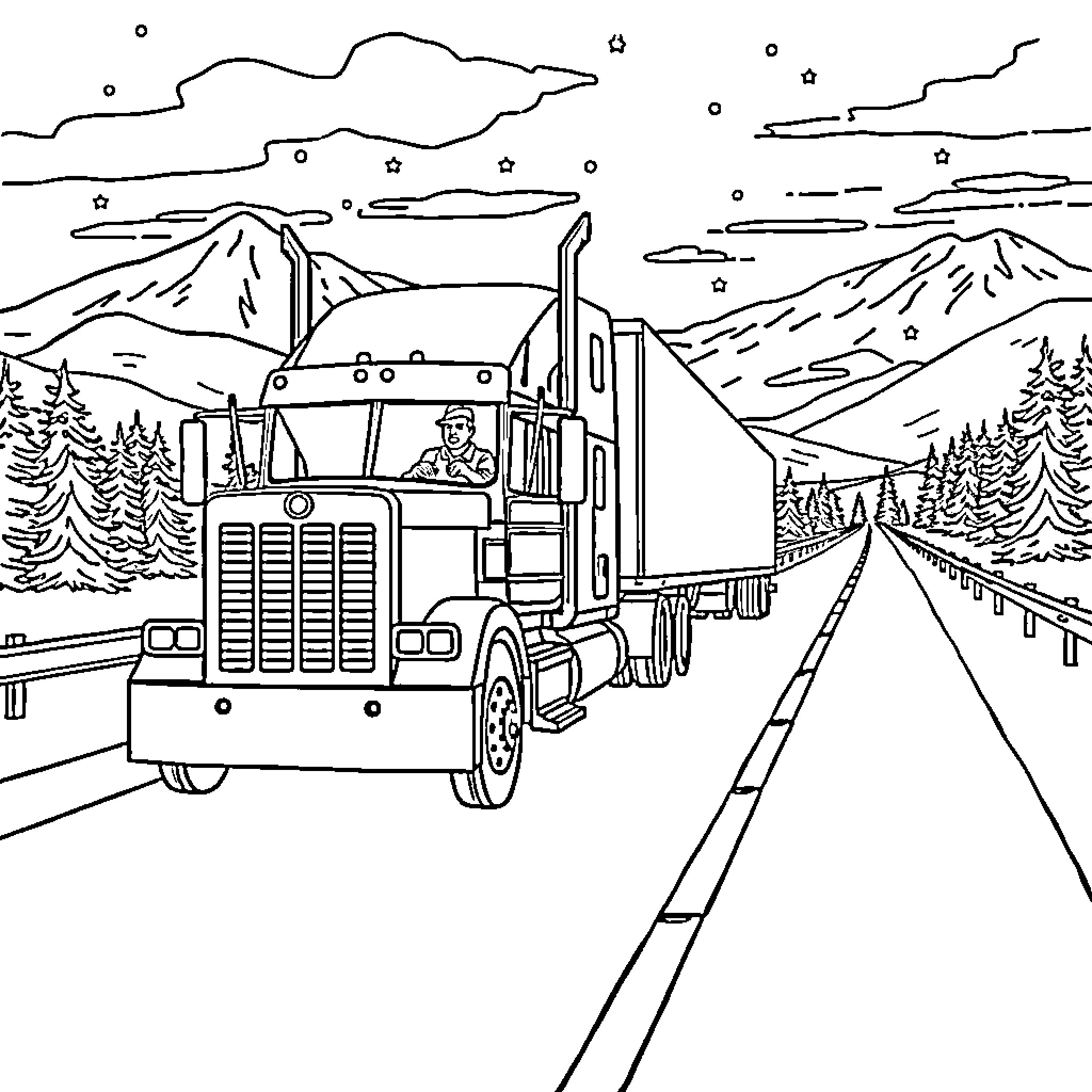 Trucker driving semi-truck on winding mountain road Coloring Page (free black-and-white line drawing printable PDF for all, from beginners to advanced learners, including children, teens, adults, and seniors)