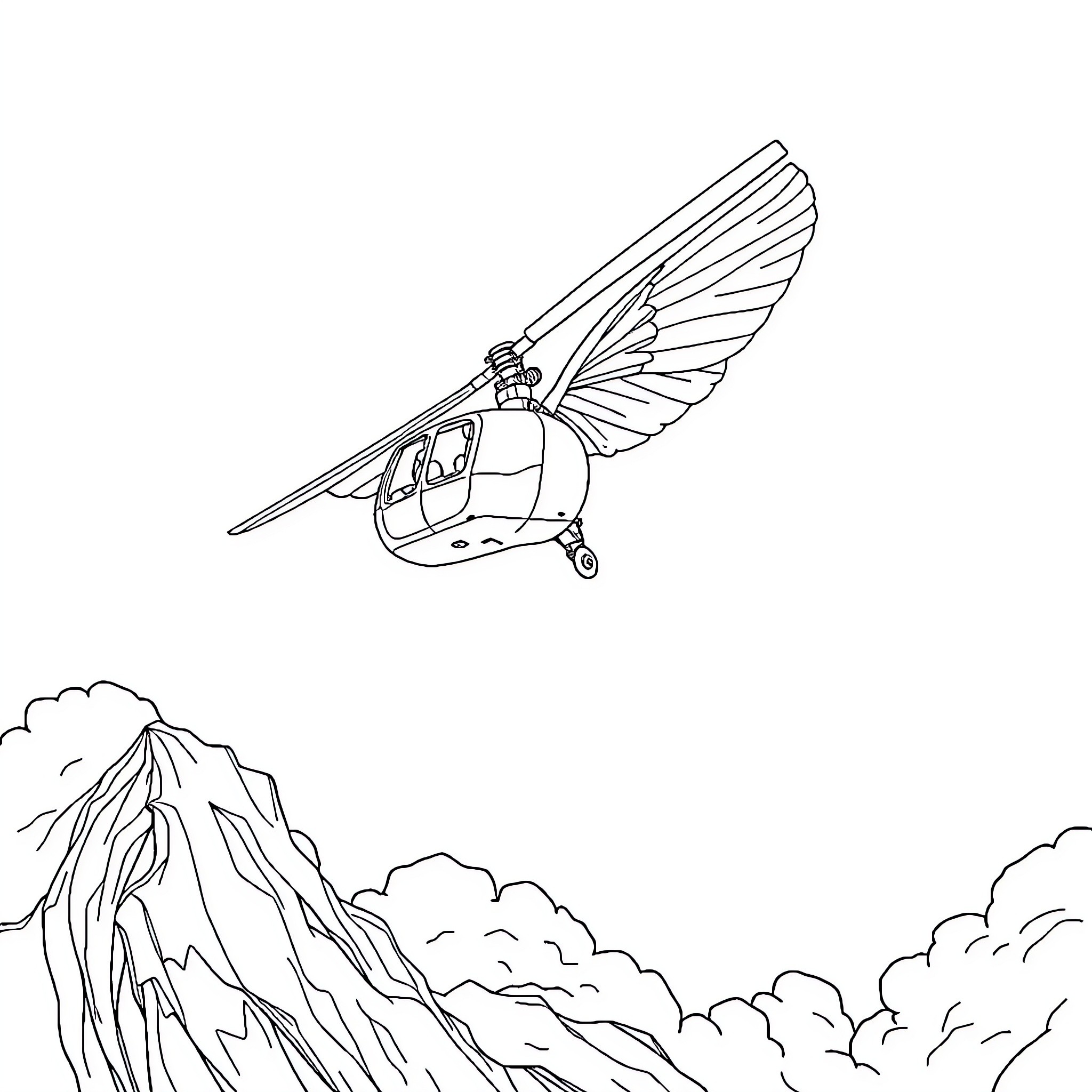 Helicopter soaring over rugged mountain landscape Coloring Page (free black-and-white line drawing printable PDF for all, from beginners to advanced learners, including children, teens, adults, and seniors)