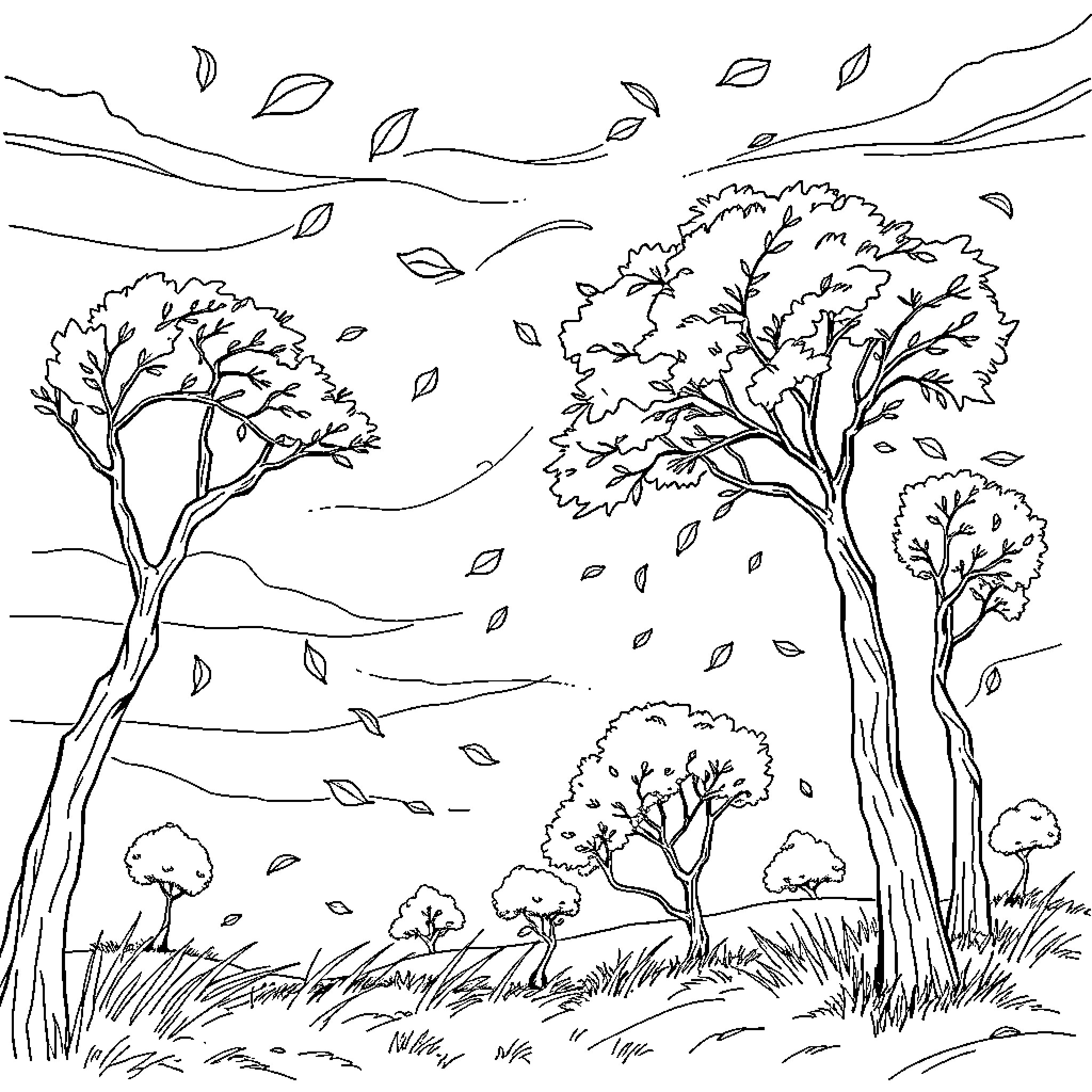 Wind blowing through trees in a tranquil landscape Coloring Page (free black-and-white line drawing printable PDF for all, from beginners to advanced learners, including children, teens, adults, and seniors)