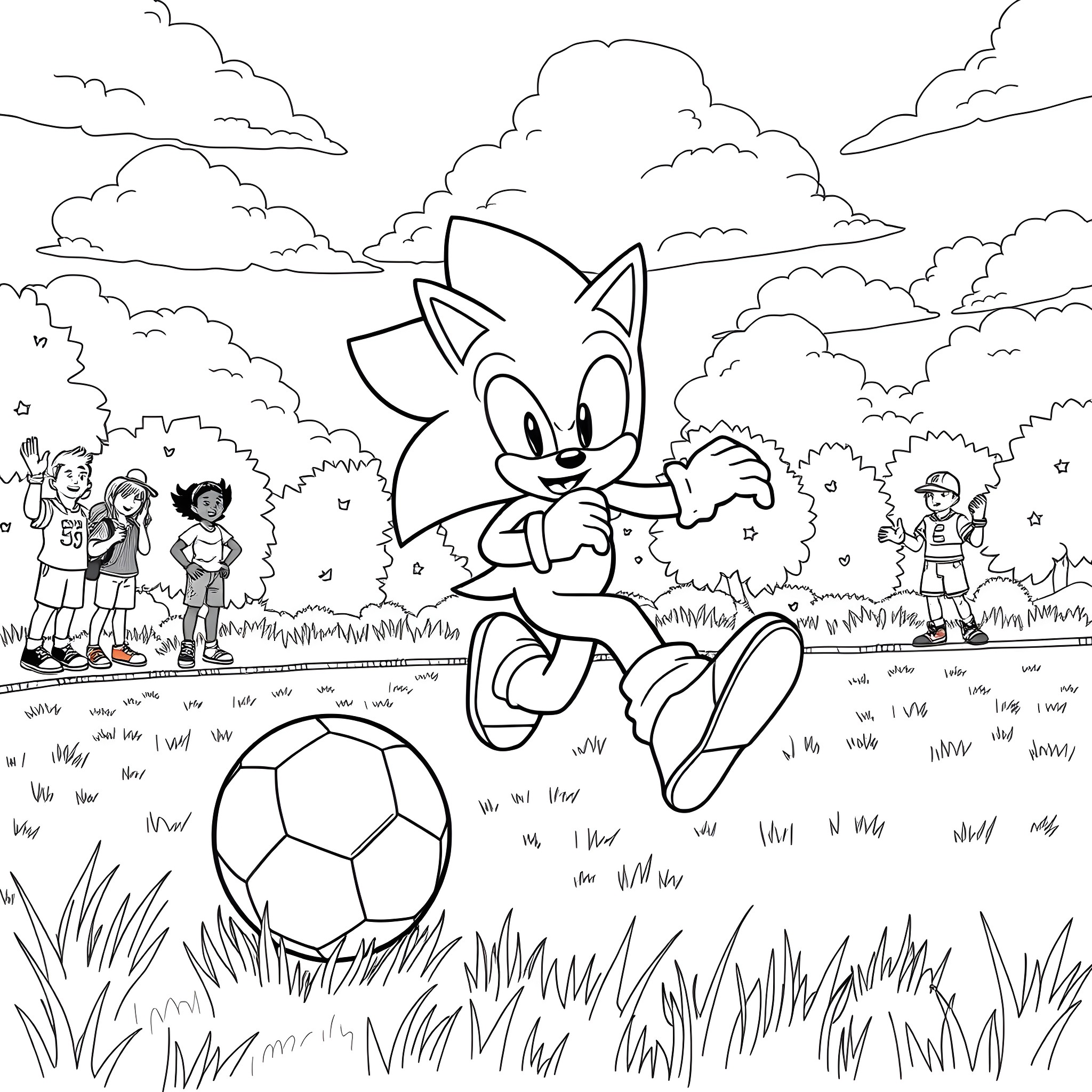 Sonic playing joyfully with a soccer ball outdoors Coloring Page (free black-and-white line drawing printable PDF for all, from beginners to advanced learners, including children, teens, adults, and seniors)