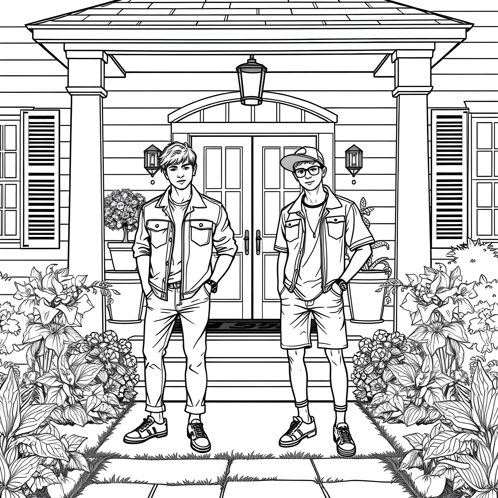 Teen Guys Standing in Front of a House Coloring Page (free black-and-white line drawing printable PDF for all, from beginners to advanced learners, including children, teens, adults, and seniors)