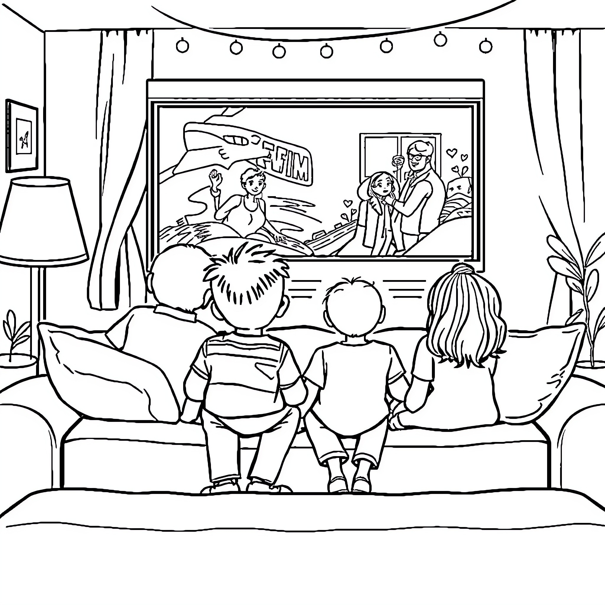 Family Enjoying Movie Night Together Coloring Page (free black-and-white line drawing printable PDF for all, from beginners to advanced learners, including children, teens, adults, and seniors)