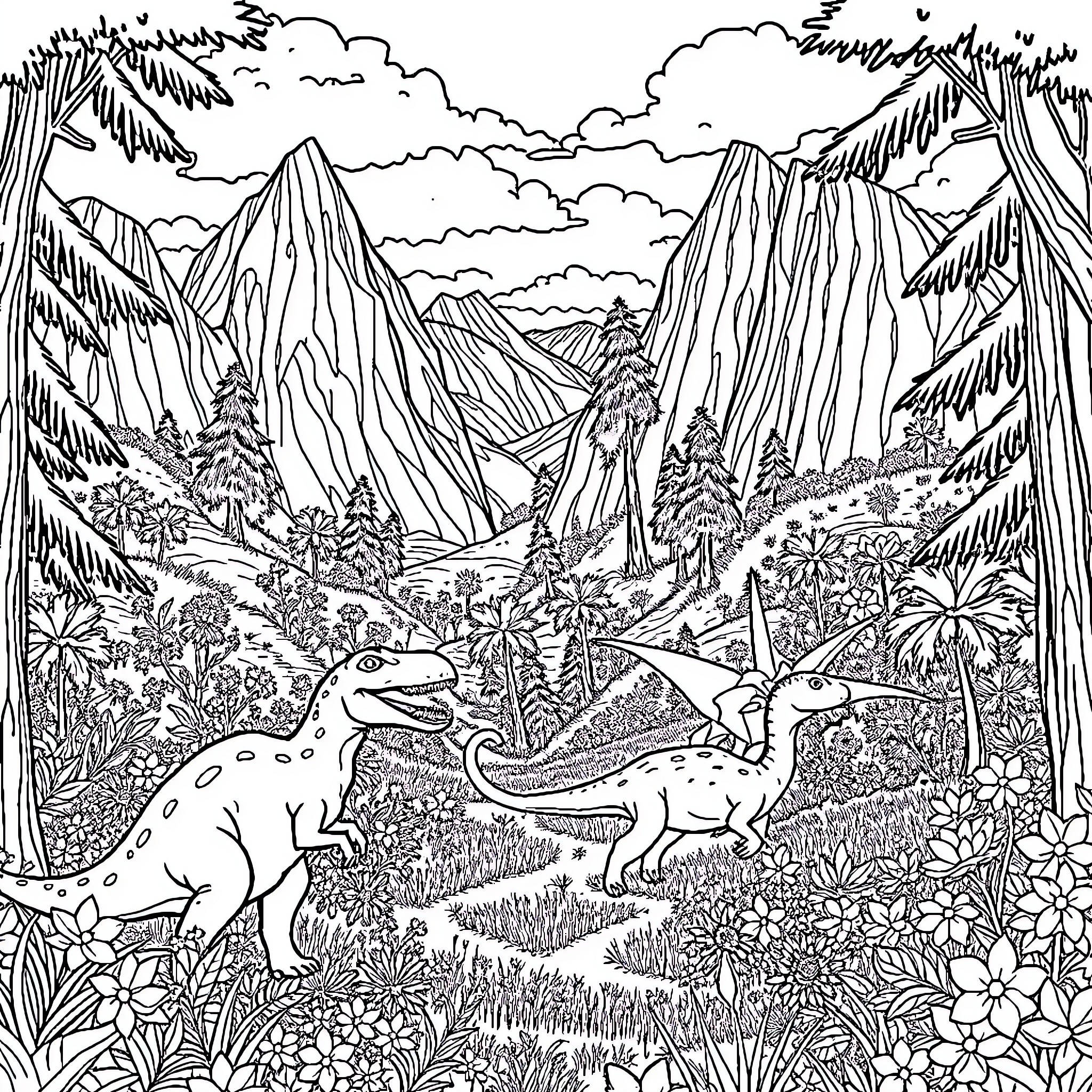 Dino Exploring the Lush Prehistoric Landscape Coloring Page (free black-and-white line drawing printable PDF for all, from beginners to advanced learners, including children, teens, adults, and seniors)