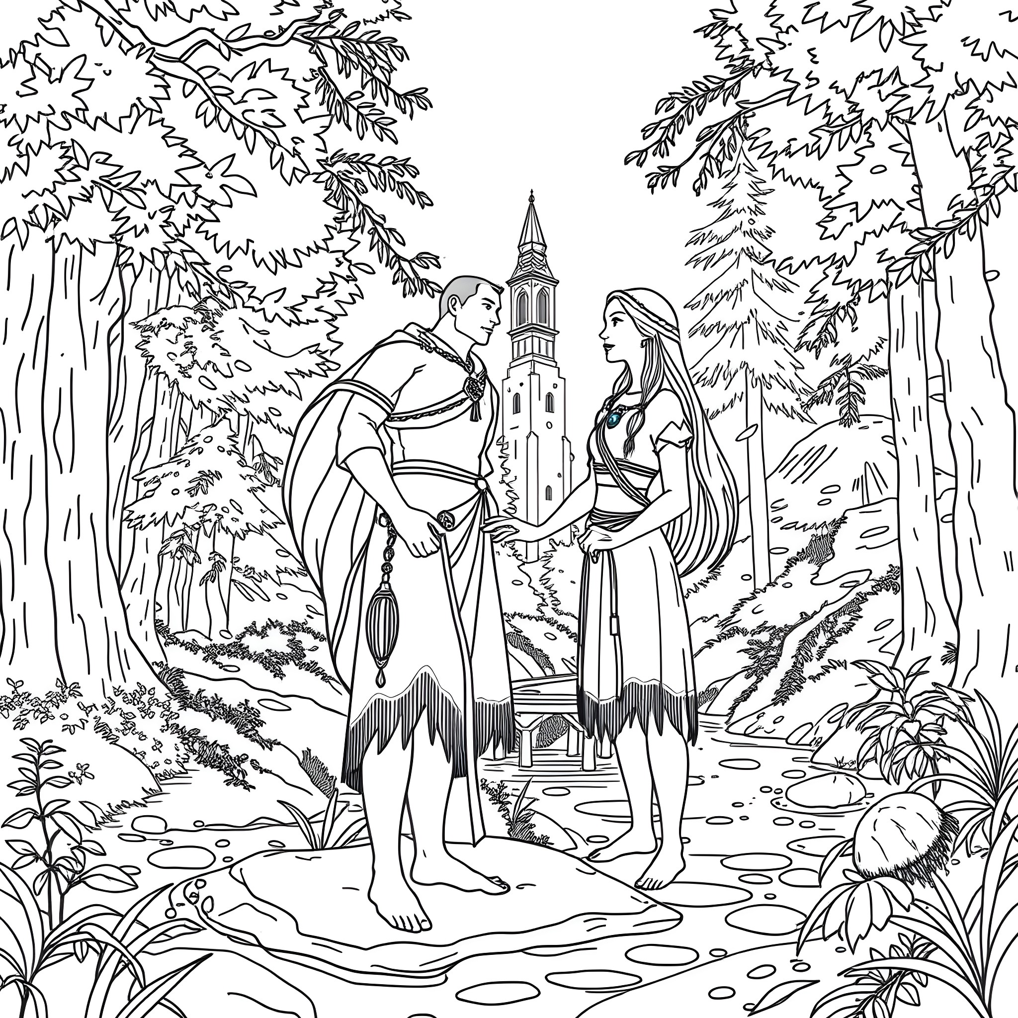 Pocahontas and John Smith in the Forest Coloring Page (free black-and-white line drawing printable PDF for all, from beginners to advanced learners, including children, teens, adults, and seniors)