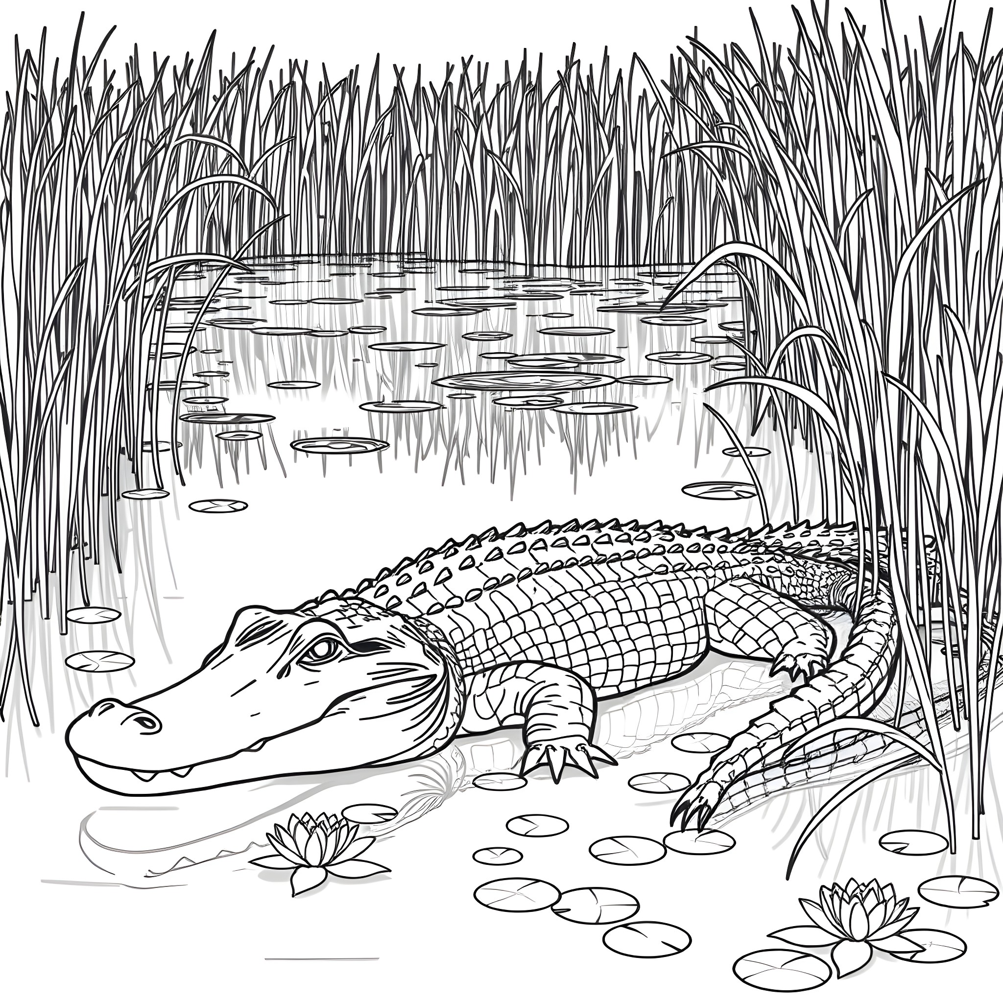 Alligator resting in a serene wetland Coloring Page (free black-and-white line drawing printable PDF for all, from beginners to advanced learners, including children, teens, adults, and seniors)