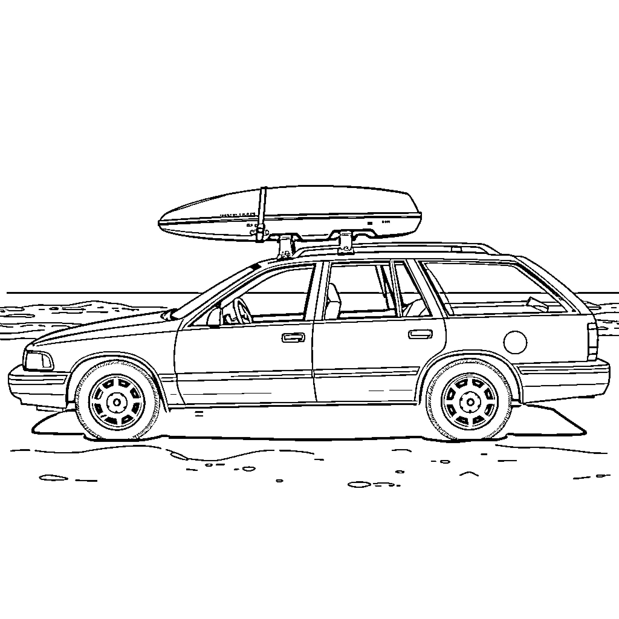 Caprice of a car with a roof rack Coloring Page (free black-and-white line drawing printable PDF for all, from beginners to advanced learners, including children, teens, adults, and seniors)