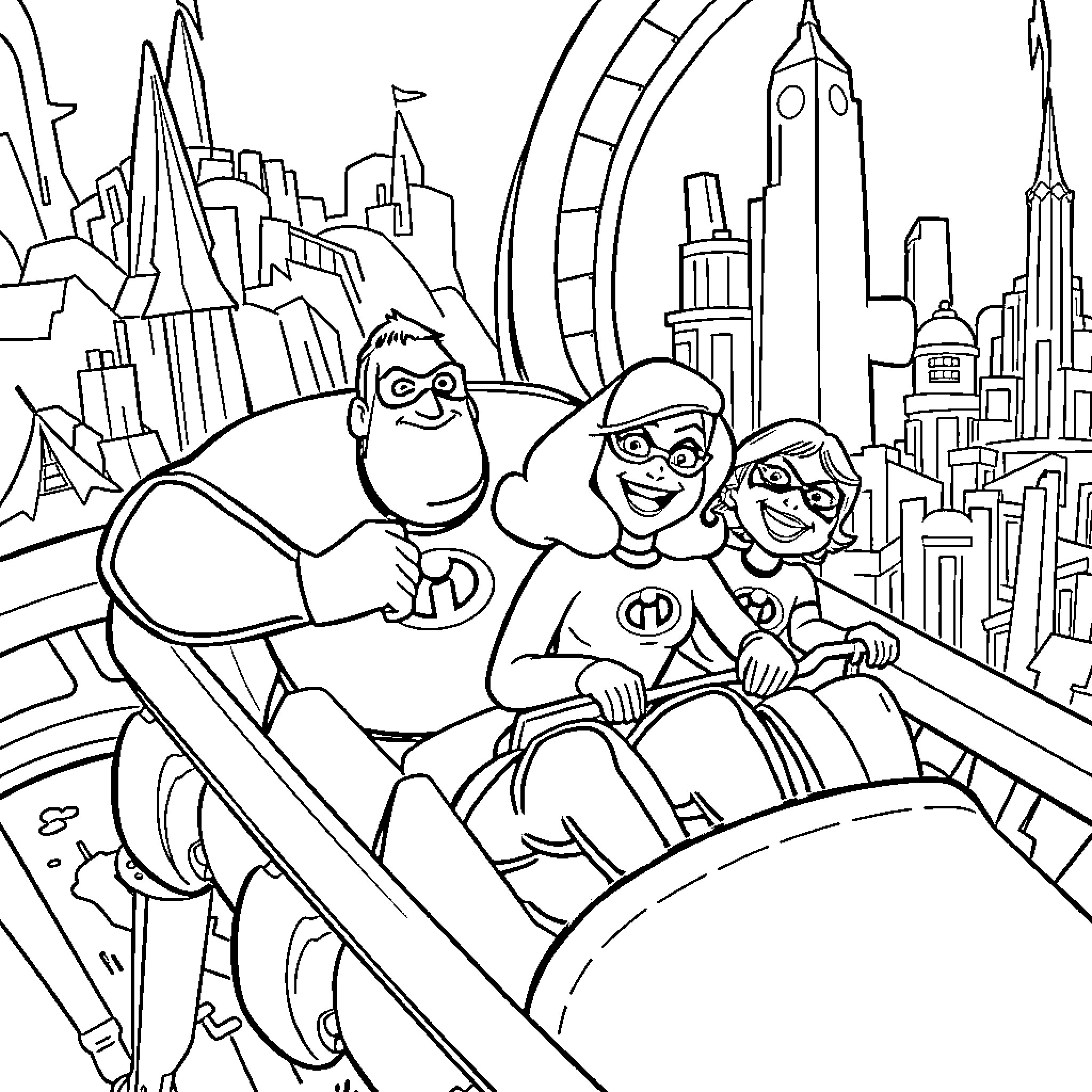Incredibles Family Enjoying a City Ride Coloring Page (free black-and-white line drawing printable PDF for all, from beginners to advanced learners, including children, teens, adults, and seniors)