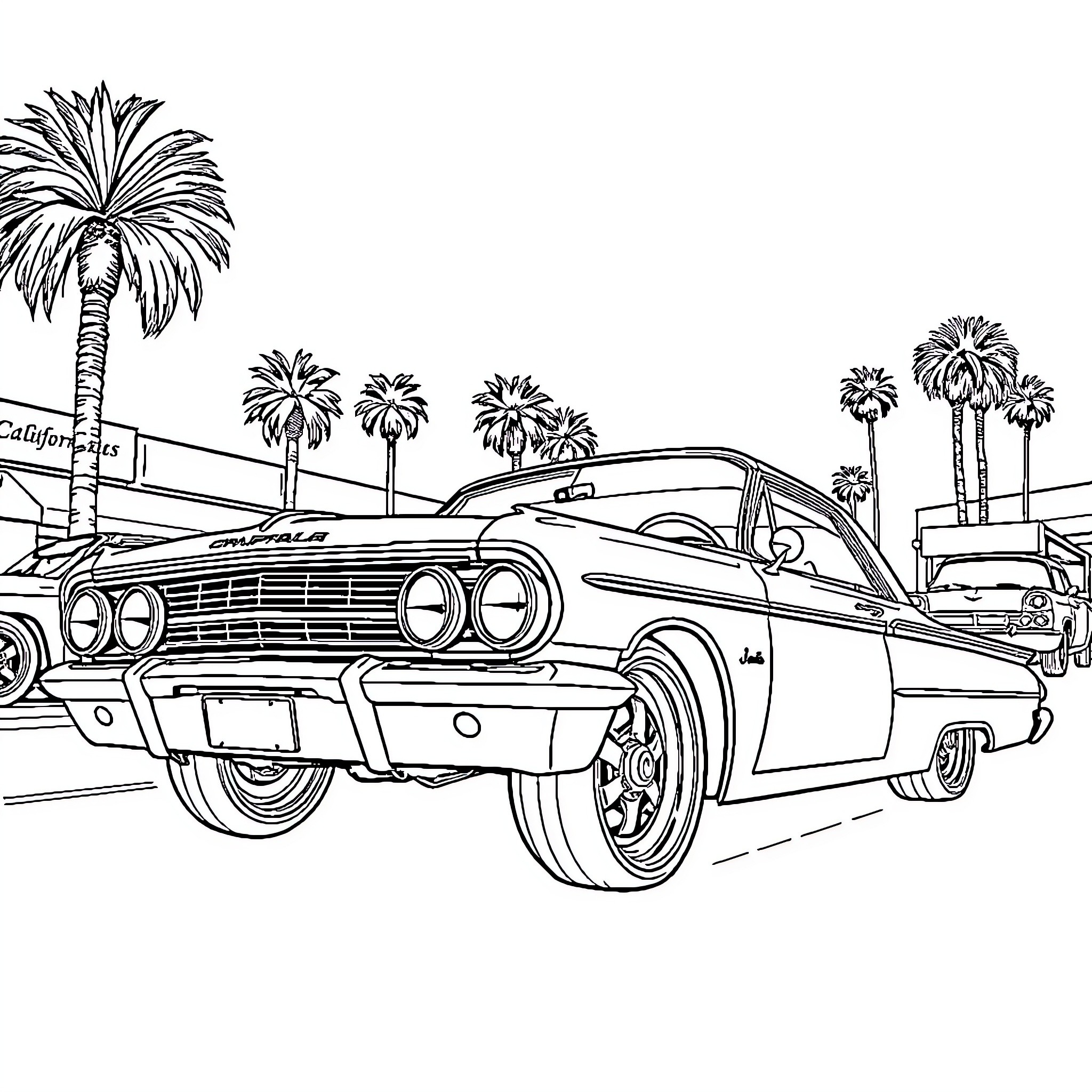 Impala classic car on palm-lined street Coloring Page (free black-and-white line drawing printable PDF for all, from beginners to advanced learners, including children, teens, adults, and seniors)
