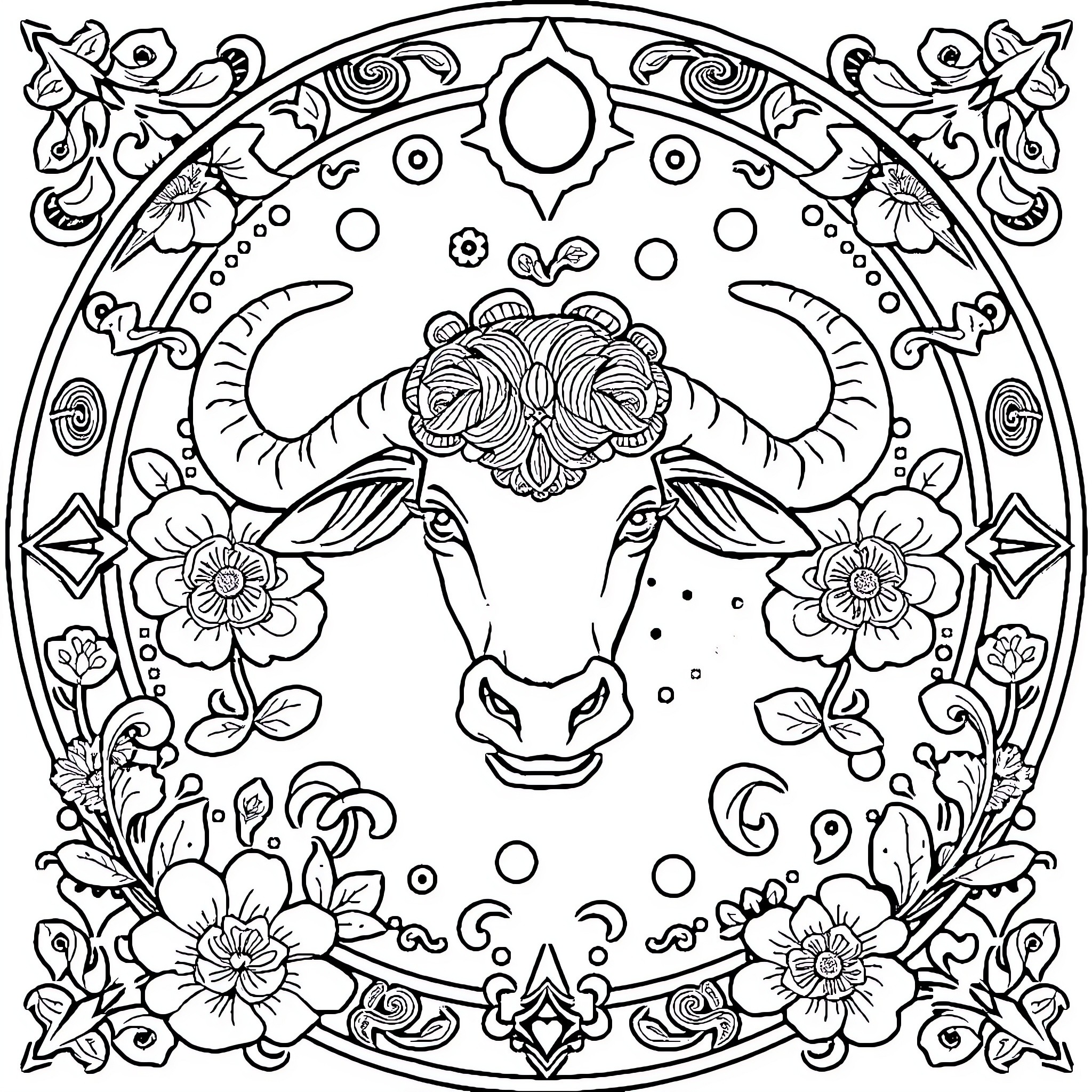 Taurus: Artistic depiction of the zodiac sign with floral elements Coloring Page (free black-and-white line drawing printable PDF for all, from beginners to advanced learners, including children, teens, adults, and seniors)