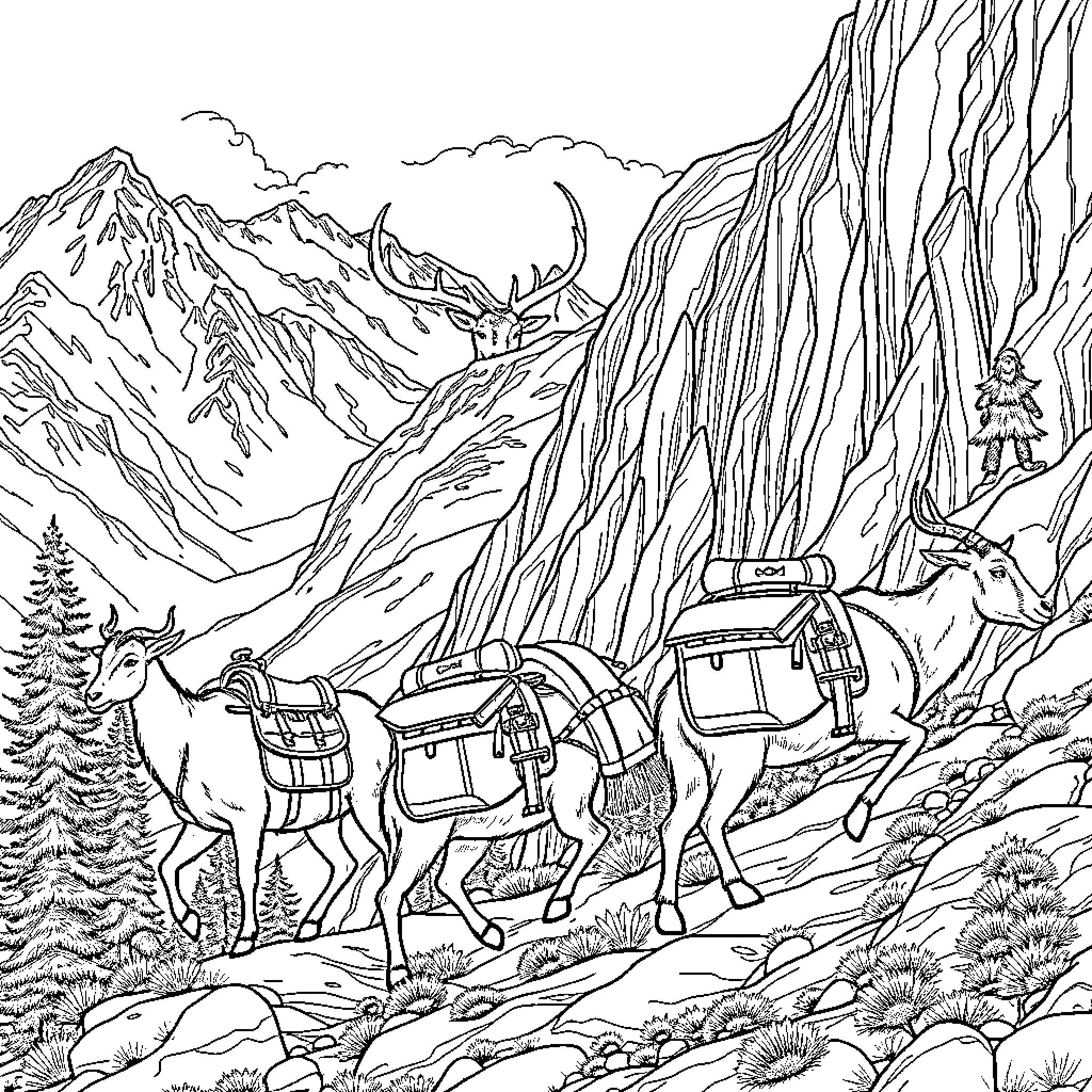 Goat carrying mountaineering gear on rugged terrain Coloring Page (free black-and-white line drawing printable PDF for all, from beginners to advanced learners, including children, teens, adults, and seniors)