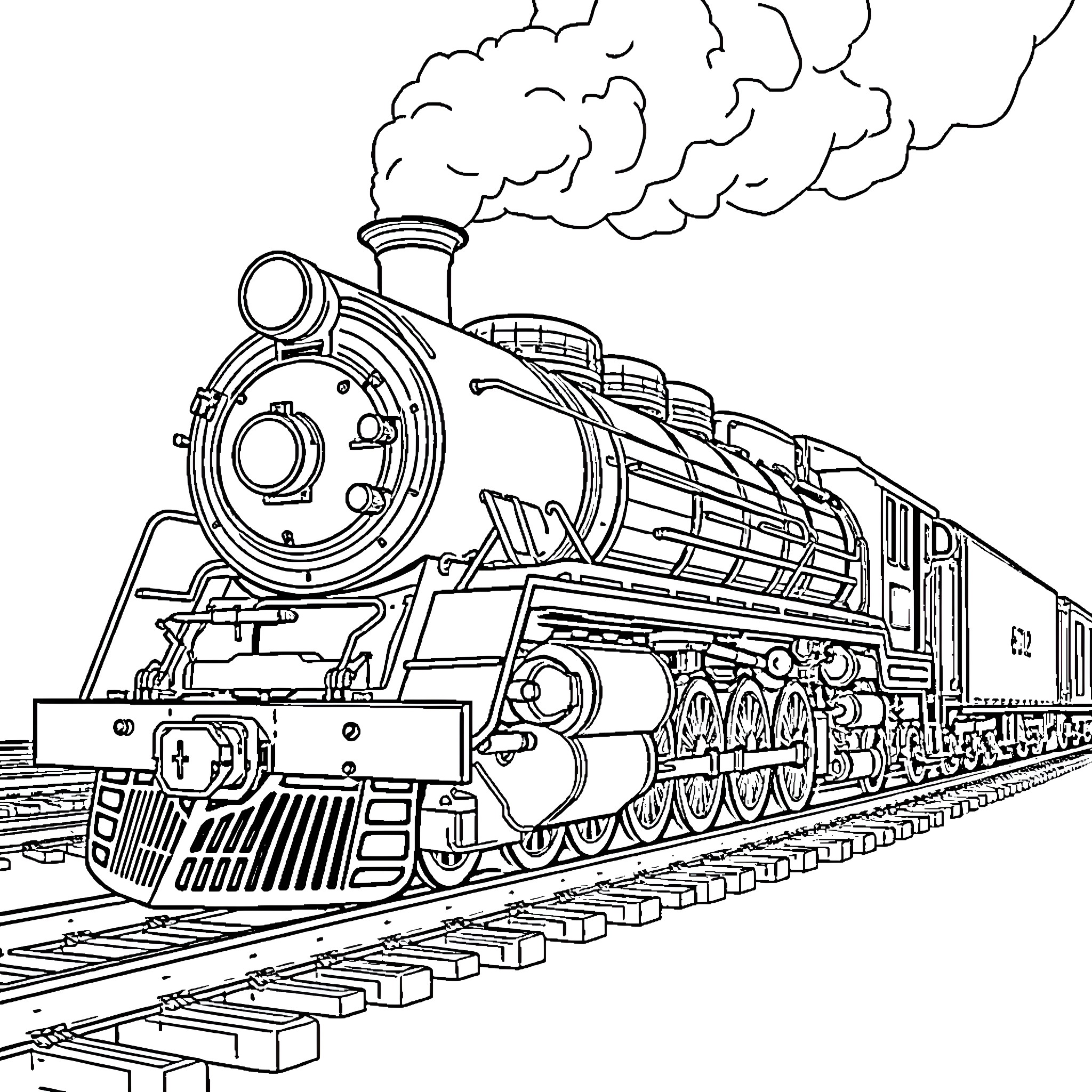 Bigboy locomotive steaming on the tracks Coloring Page (free black-and-white line drawing printable PDF for all, from beginners to advanced learners, including children, teens, adults, and seniors)
