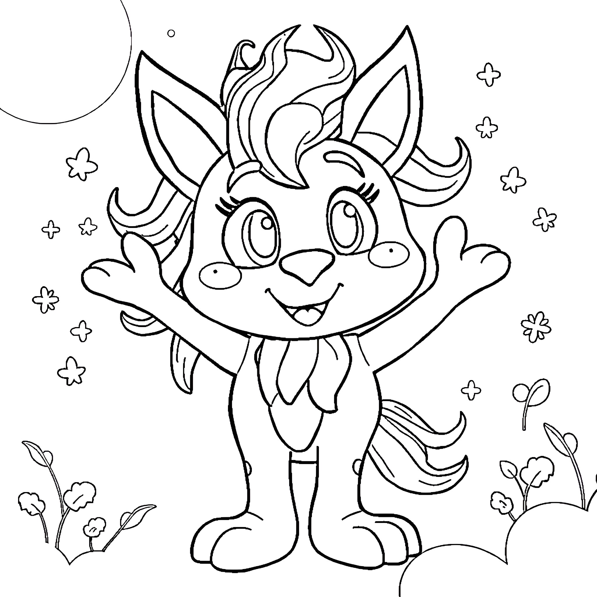 Axelalo Playful Creature Celebrating in Nature Coloring Page (free black-and-white line drawing printable PDF for all, from beginners to advanced learners, including children, teens, adults, and seniors)