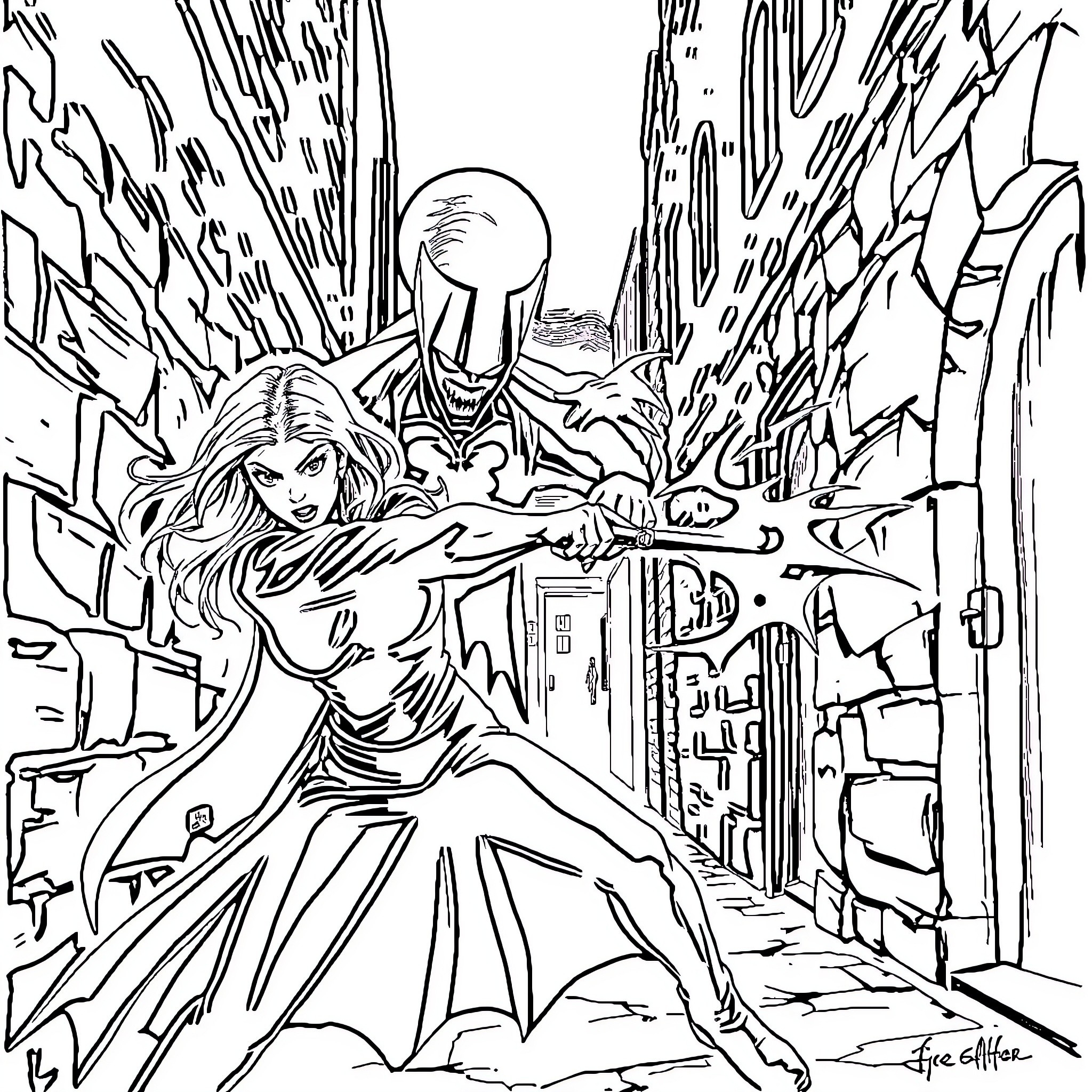 Buffy Battles Supernatural Forces in the City Coloring Page (free black-and-white line drawing printable PDF for all, from beginners to advanced learners, including children, teens, adults, and seniors)