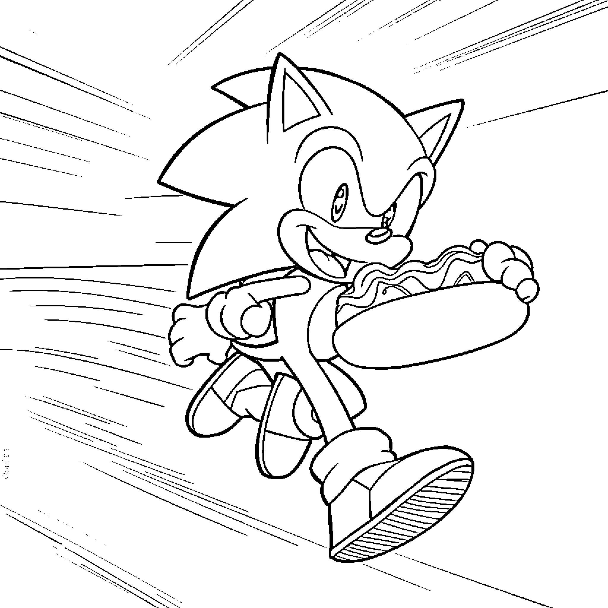 Sonic running with enthusiasm Coloring Page (free black-and-white line drawing printable PDF for all, from beginners to advanced learners, including children, teens, adults, and seniors)