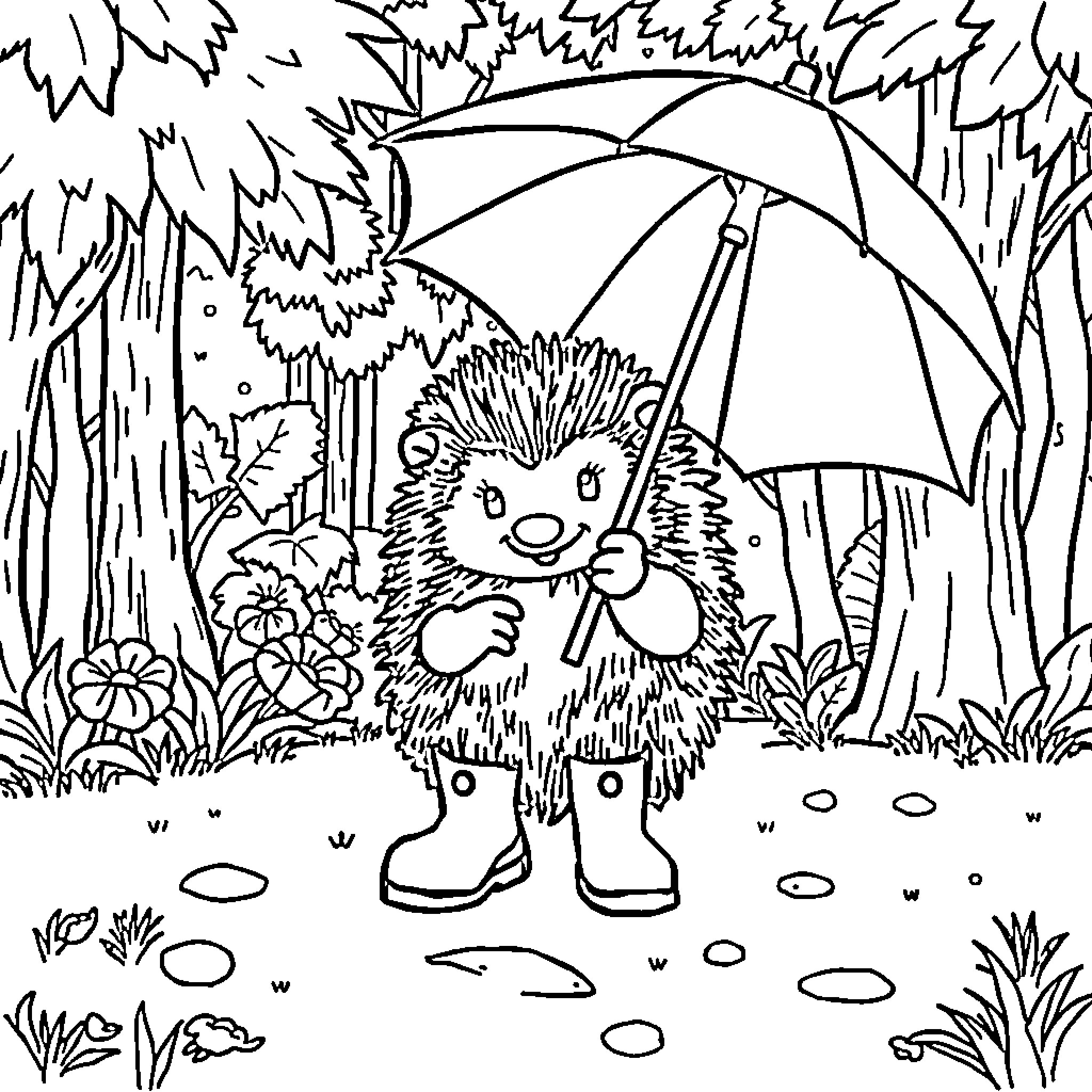 Hedgehog enjoying the rainy forest scene Coloring Page (free black-and-white line drawing printable PDF for all, from beginners to advanced learners, including children, teens, adults, and seniors)