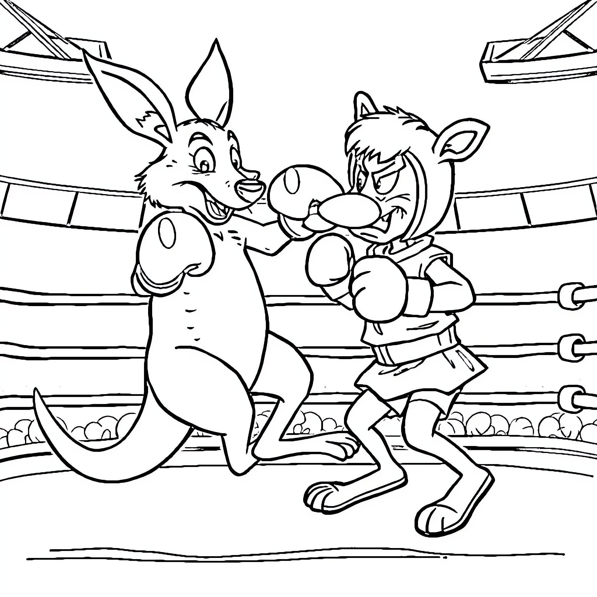 Kangaroo and wolf wrestlers in the ring Coloring Page (free black-and-white line drawing printable PDF for all, from beginners to advanced learners, including children, teens, adults, and seniors)