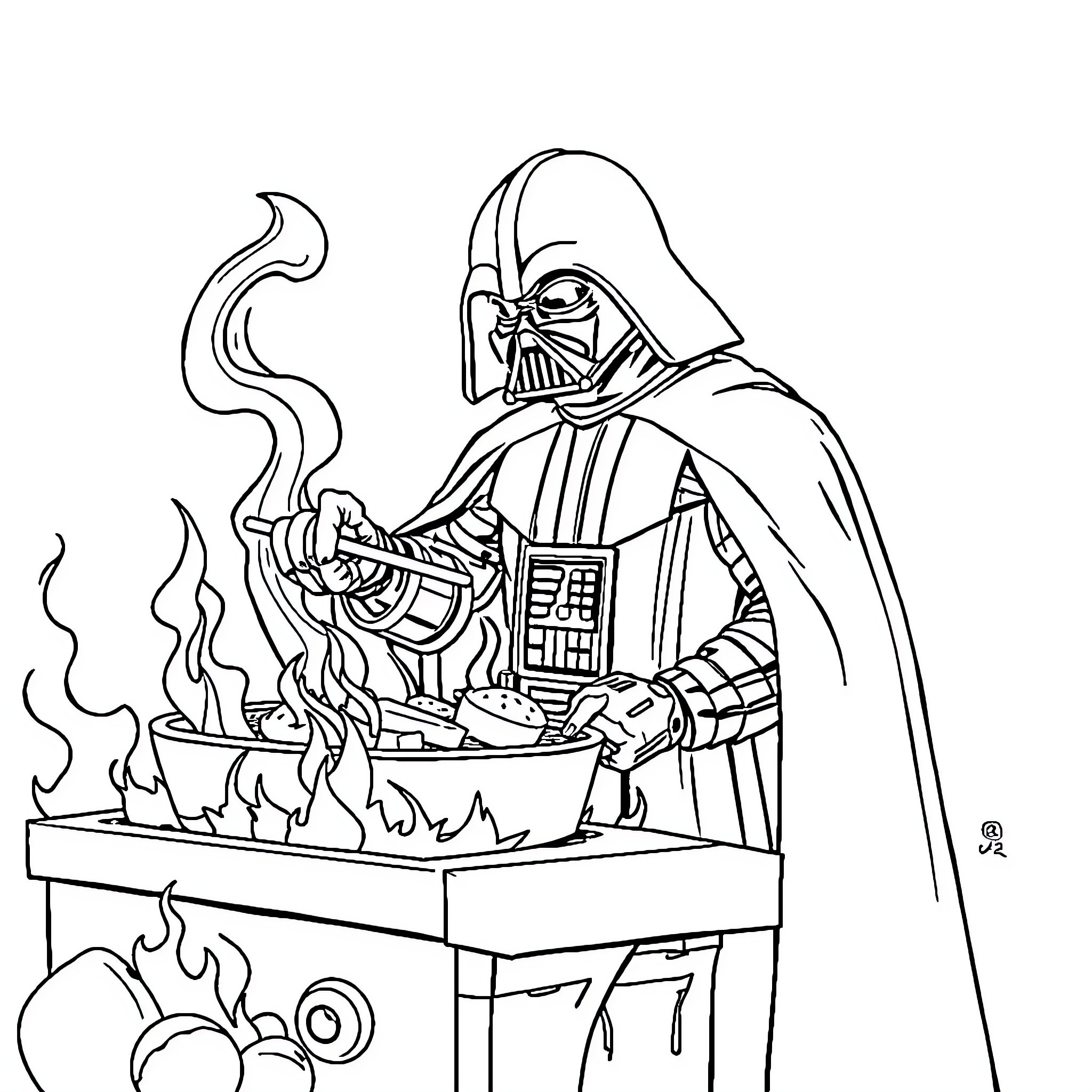 Darth Vader forging his lightsaber Coloring Page (free black-and-white line drawing printable PDF for all, from beginners to advanced learners, including children, teens, adults, and seniors)