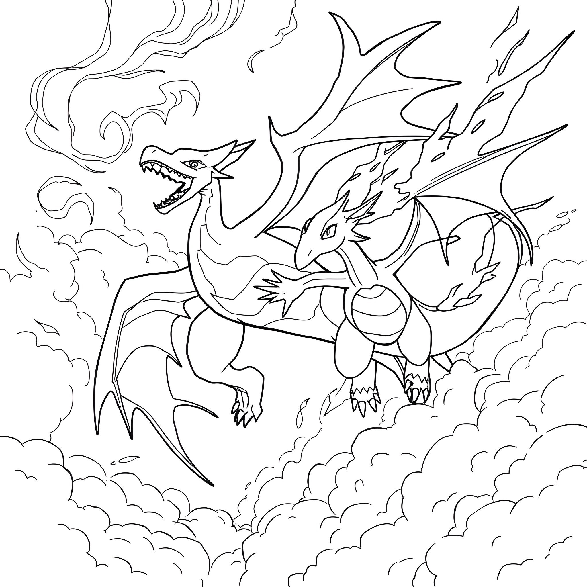 Dragon engaging in fierce battle against its opponent Coloring Page (free black-and-white line drawing printable PDF for all, from beginners to advanced learners, including children, teens, adults, and seniors)