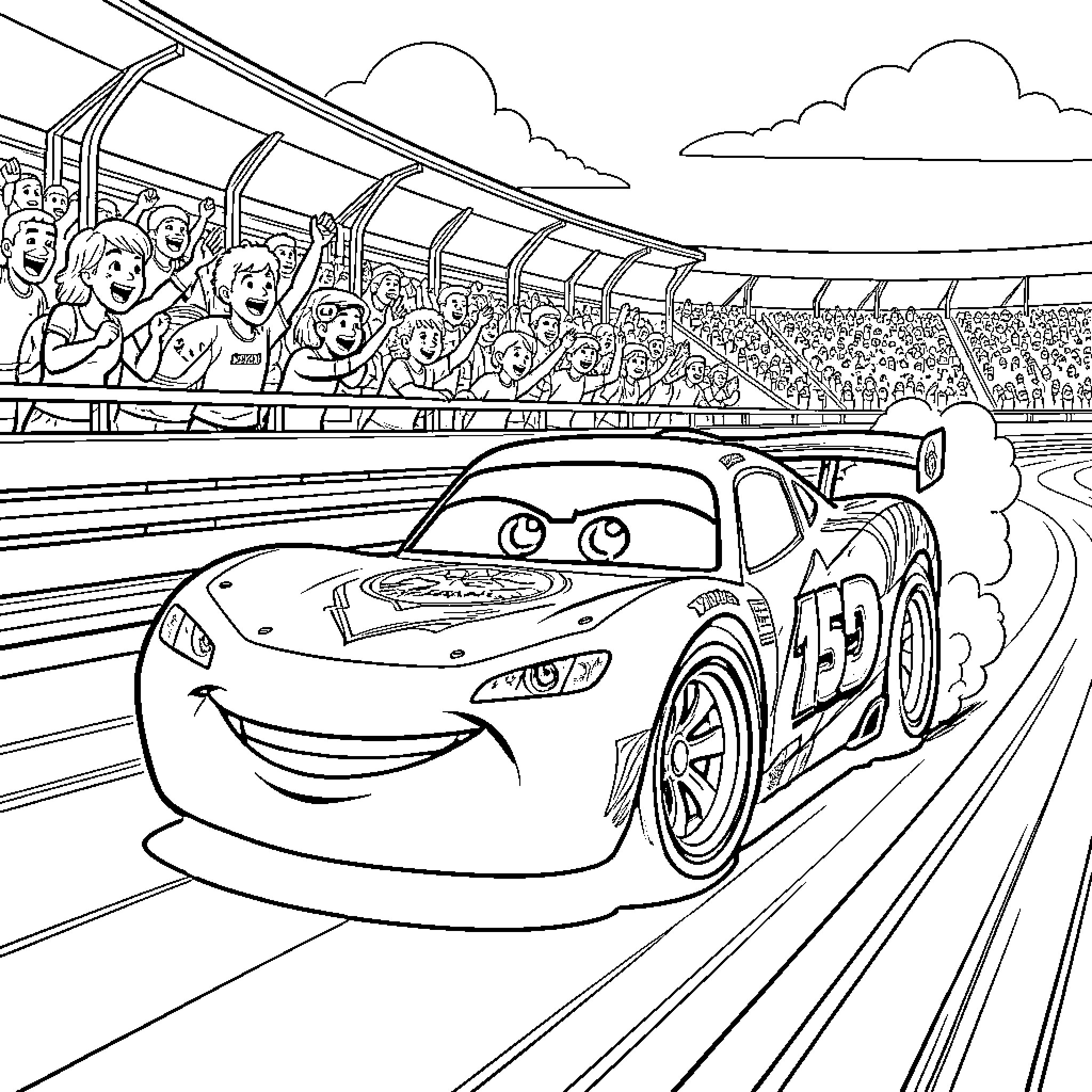 Flash McQueen racing fast on a track with cheering crowds Coloring Page (free black-and-white line drawing printable PDF for all, from beginners to advanced learners, including children, teens, adults, and seniors)