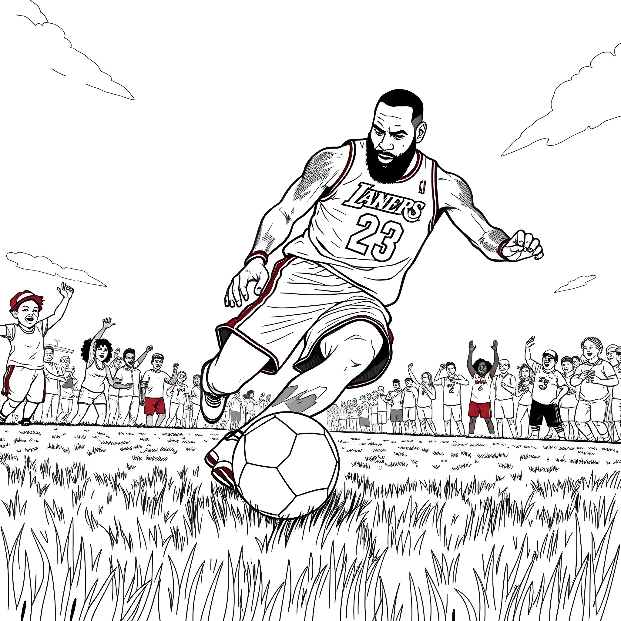 LeBron James playing soccer with children in the park Coloring Page (free black-and-white line drawing printable PDF for all, from beginners to advanced learners, including children, teens, adults, and seniors)