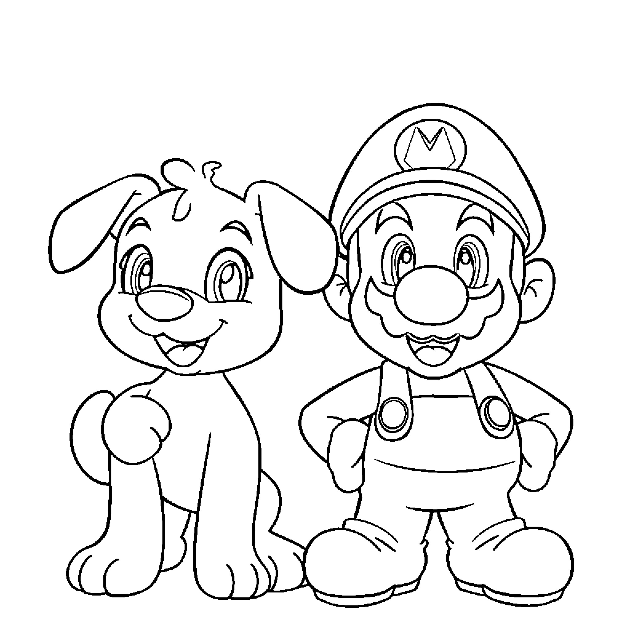 Bluey and Mario exploring the world together Coloring Page (free black-and-white line drawing printable PDF for all, from beginners to advanced learners, including children, teens, adults, and seniors)