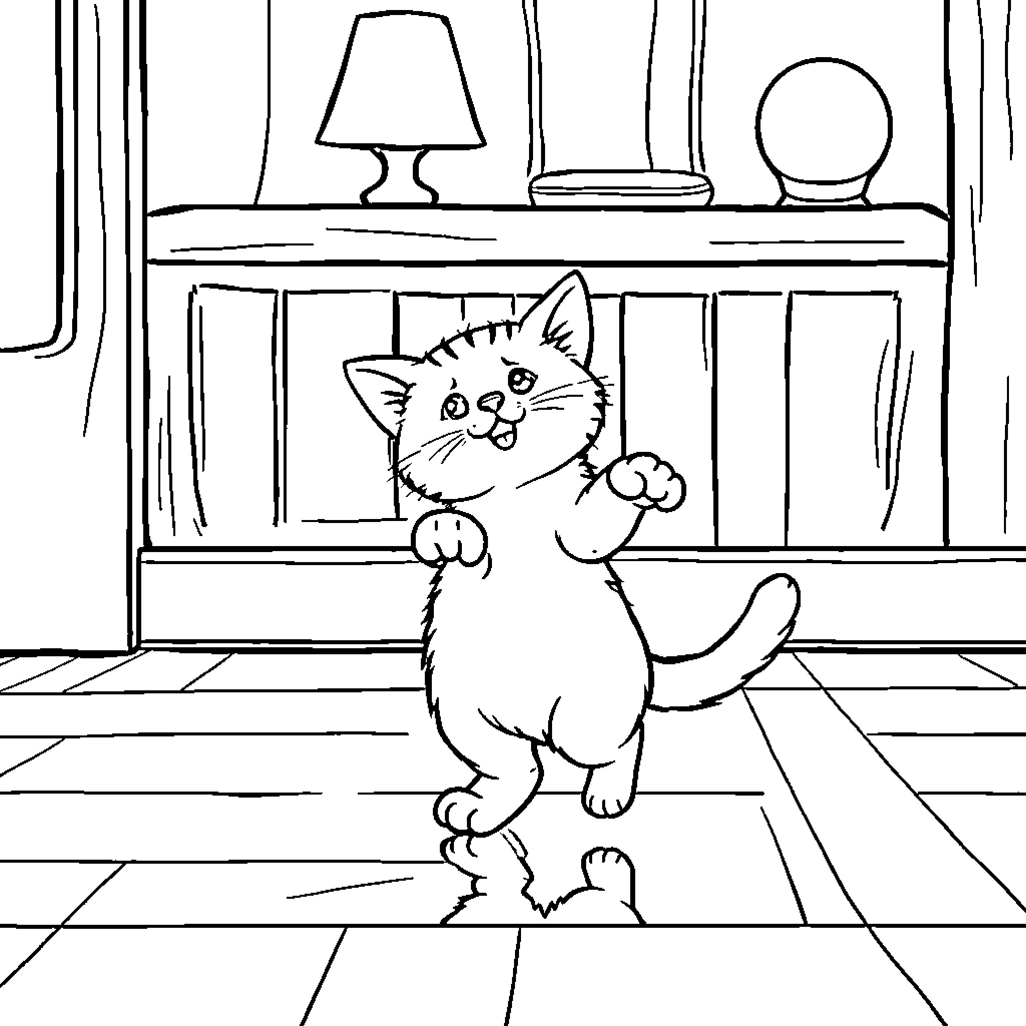 Cat playing cheerfully in the room Coloring Page (free black-and-white line drawing printable PDF for all, from beginners to advanced learners, including children, teens, adults, and seniors)
