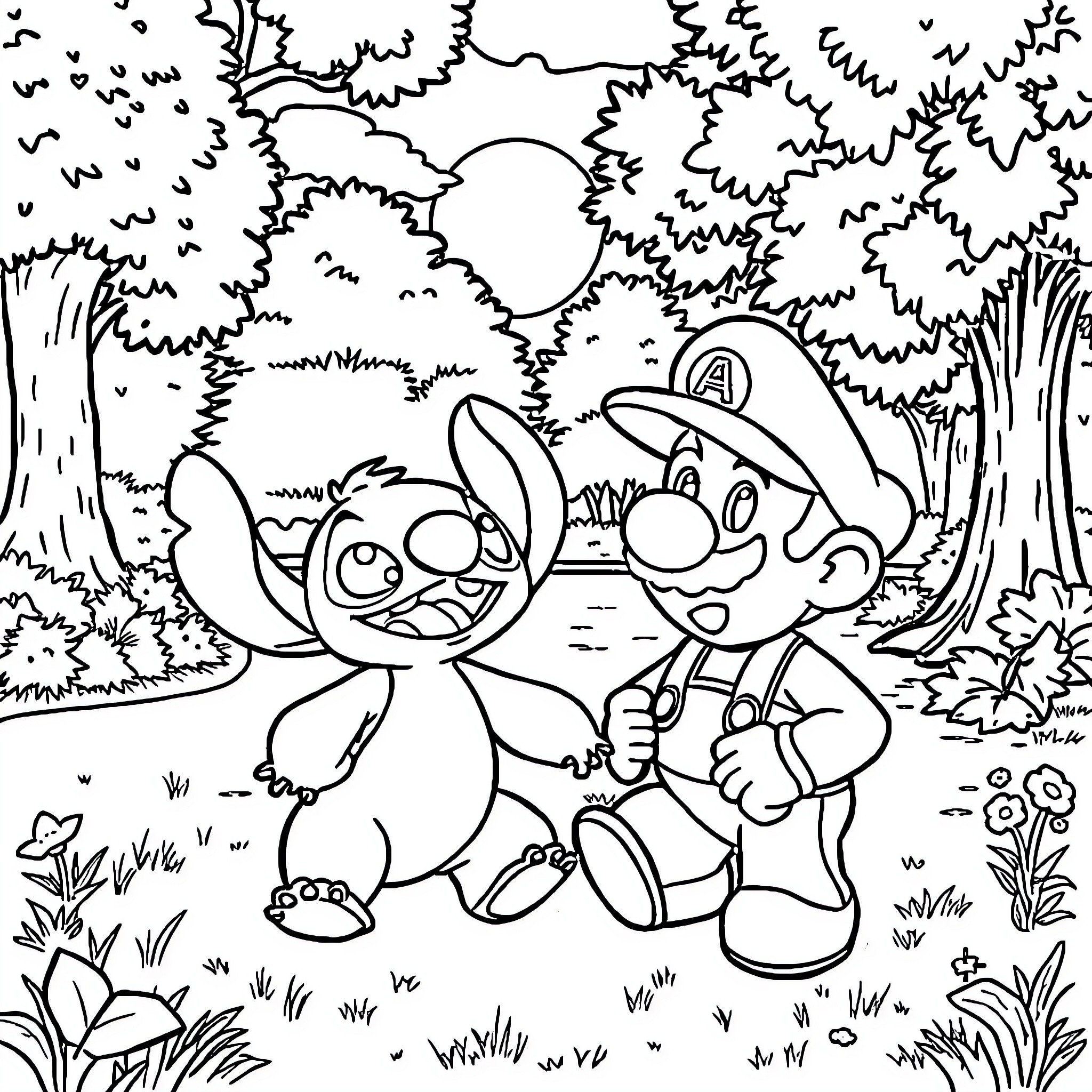 Stitch and Scrump's Adventurous Exploration Coloring Page (free black-and-white line drawing printable PDF for all, from beginners to advanced learners, including children, teens, adults, and seniors)