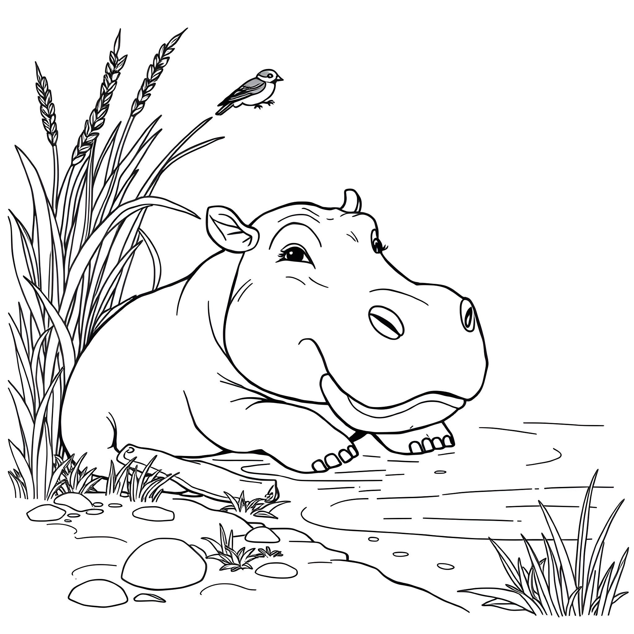 Hippo relaxing in the river with birds Coloring Page (free black-and-white line drawing printable PDF for all, from beginners to advanced learners, including children, teens, adults, and seniors)