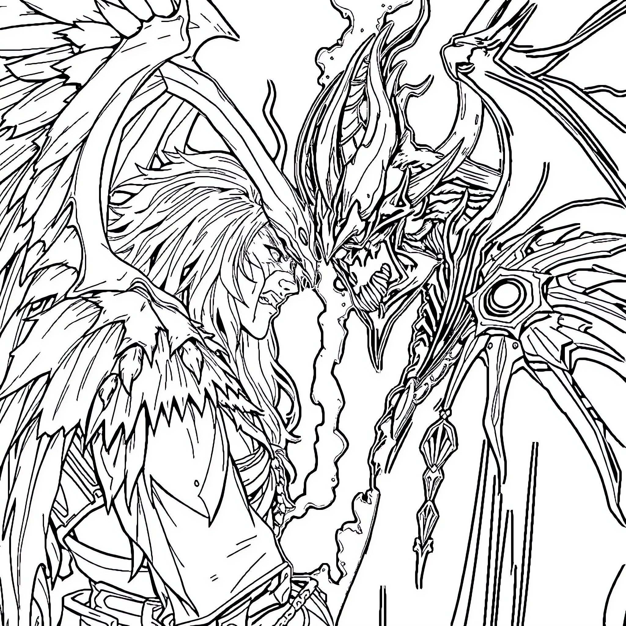 Tyrael in Fierce Battle with Demonic Foe Coloring Page (free black-and-white line drawing printable PDF for all, from beginners to advanced learners, including children, teens, adults, and seniors)