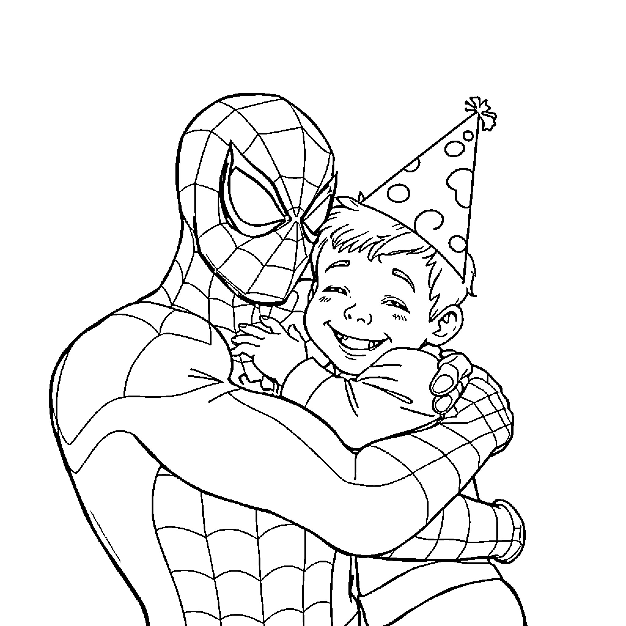 Spiderman comforting a happy child Coloring Page (free black-and-white line drawing printable PDF for all, from beginners to advanced learners, including children, teens, adults, and seniors)
