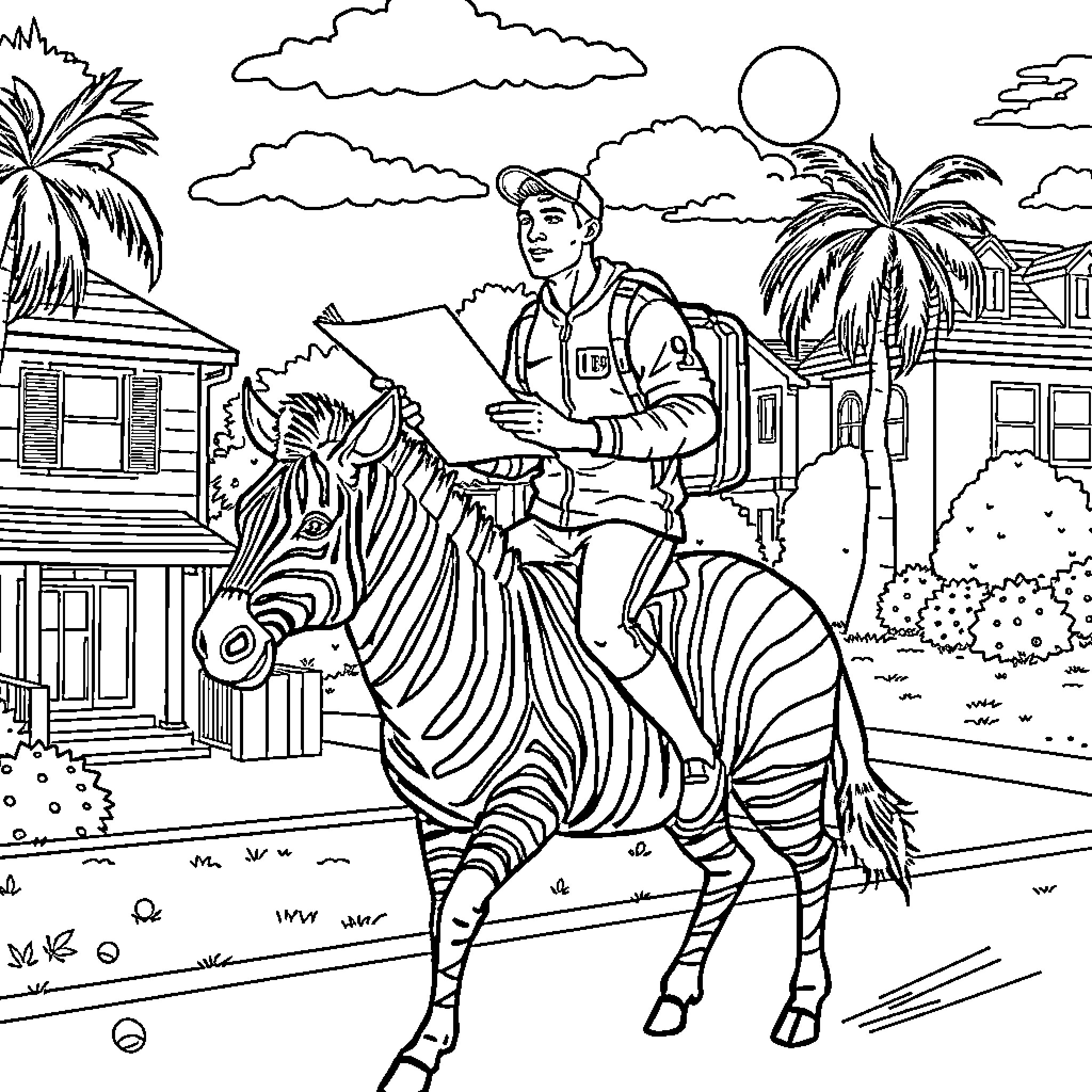 Cristiano Ronaldo riding a zebra in a tropical setting Coloring Page (free black-and-white line drawing printable PDF for all, from beginners to advanced learners, including children, teens, adults, and seniors)