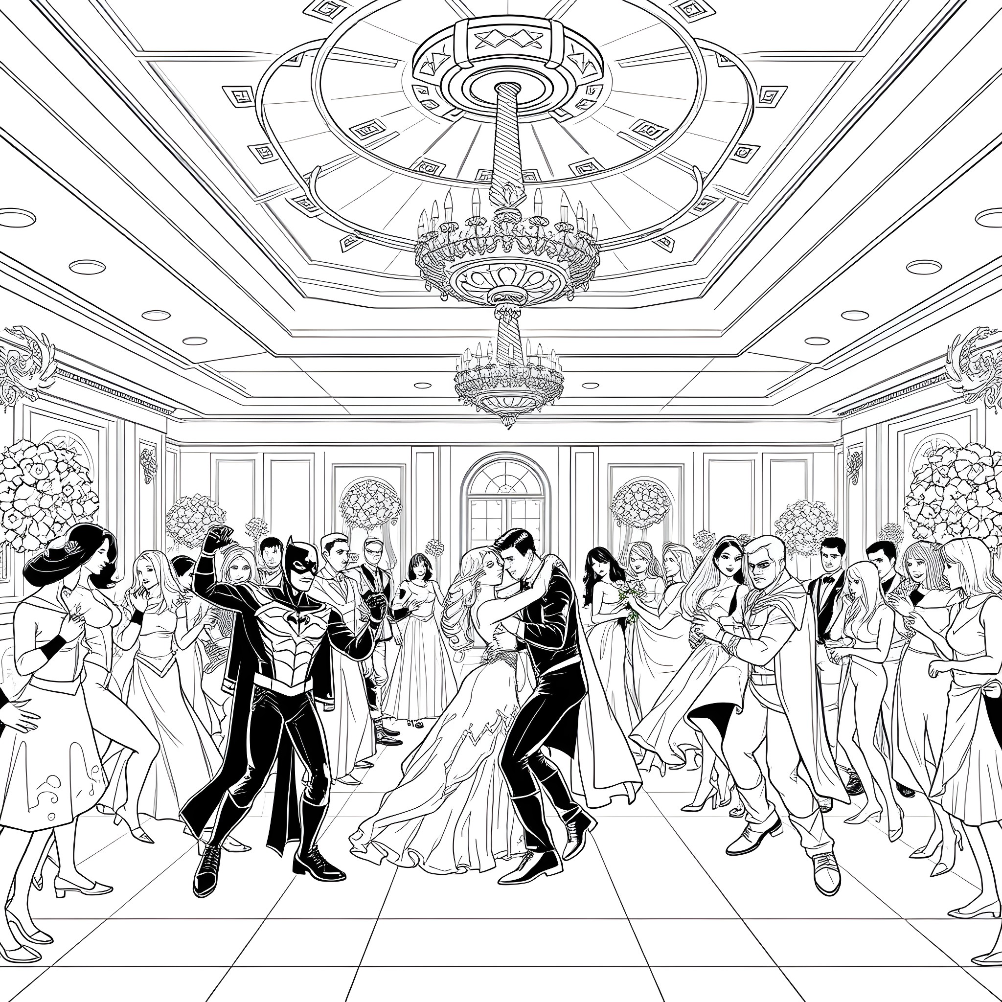 Superhero couples dancing at a glamorous ball Coloring Page (free black-and-white line drawing printable PDF for all, from beginners to advanced learners, including children, teens, adults, and seniors)