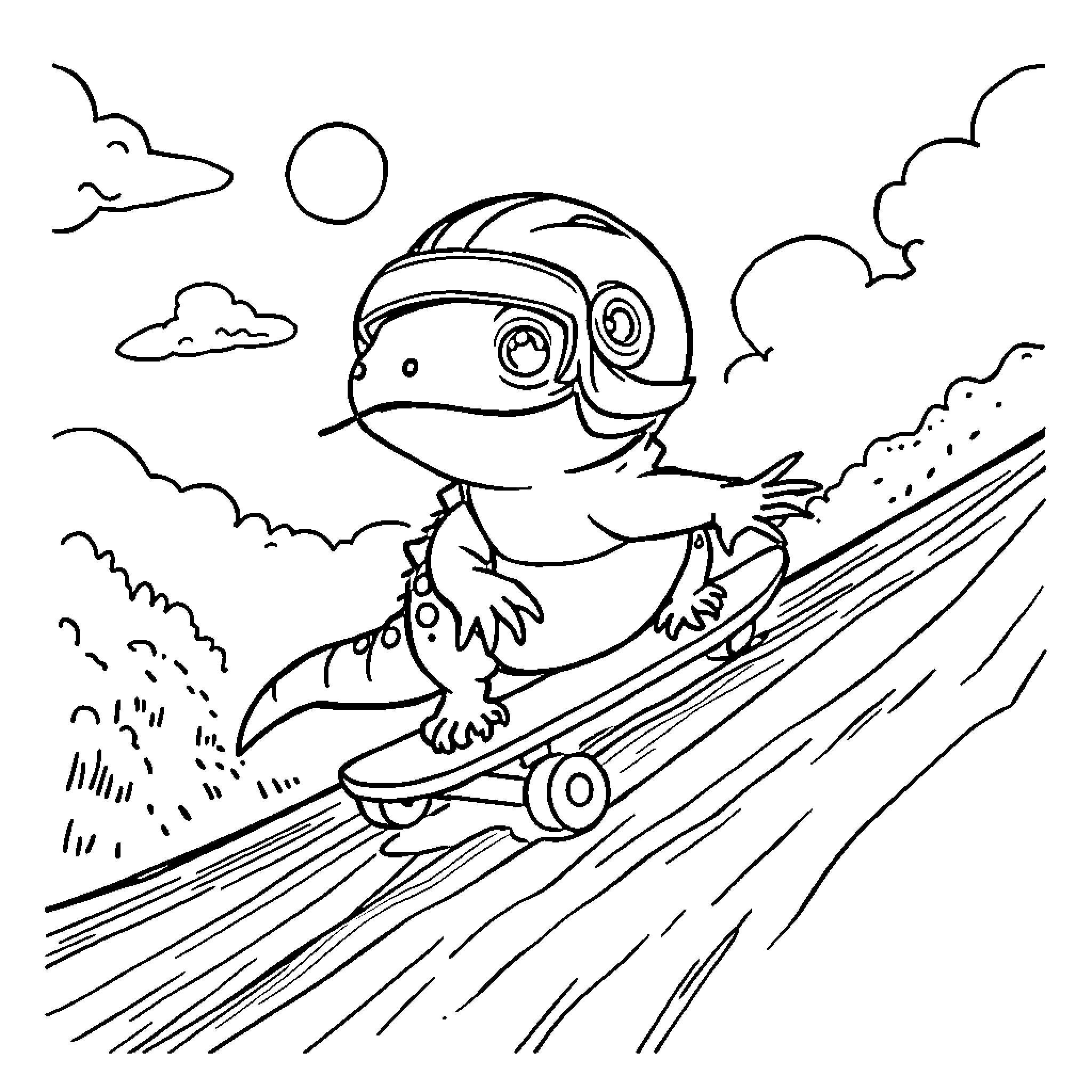 Axolotl riding a scooter through the sky Coloring Page (free black-and-white line drawing printable PDF for all, from beginners to advanced learners, including children, teens, adults, and seniors)