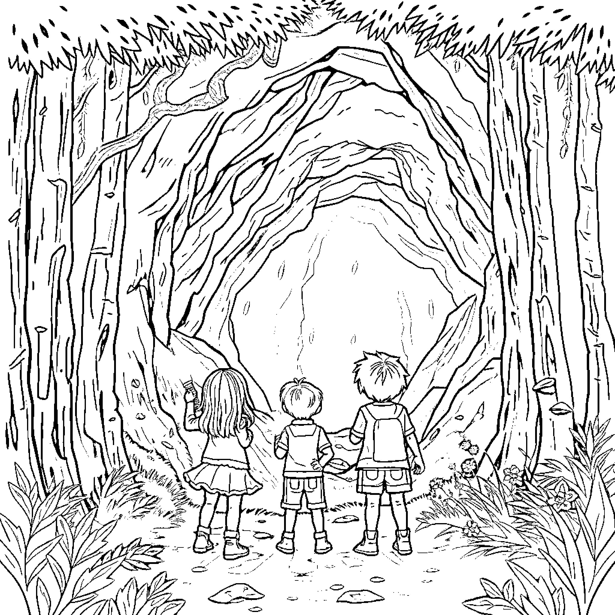 Children exploring a mysterious forest path Coloring Page (free black-and-white line drawing printable PDF for all, from beginners to advanced learners, including children, teens, adults, and seniors)