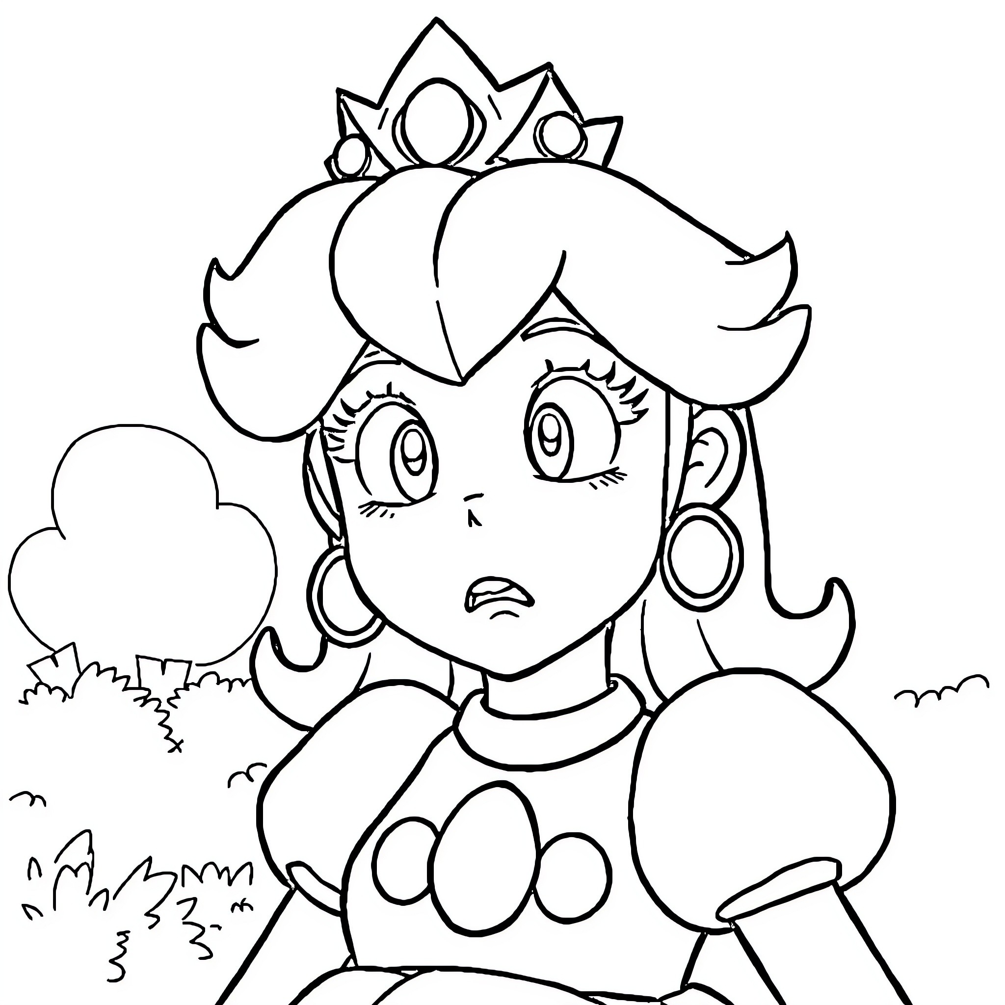 Peach princess expresses surprise in nature setting Coloring Page (free black-and-white line drawing printable PDF for all, from beginners to advanced learners, including children, teens, adults, and seniors)
